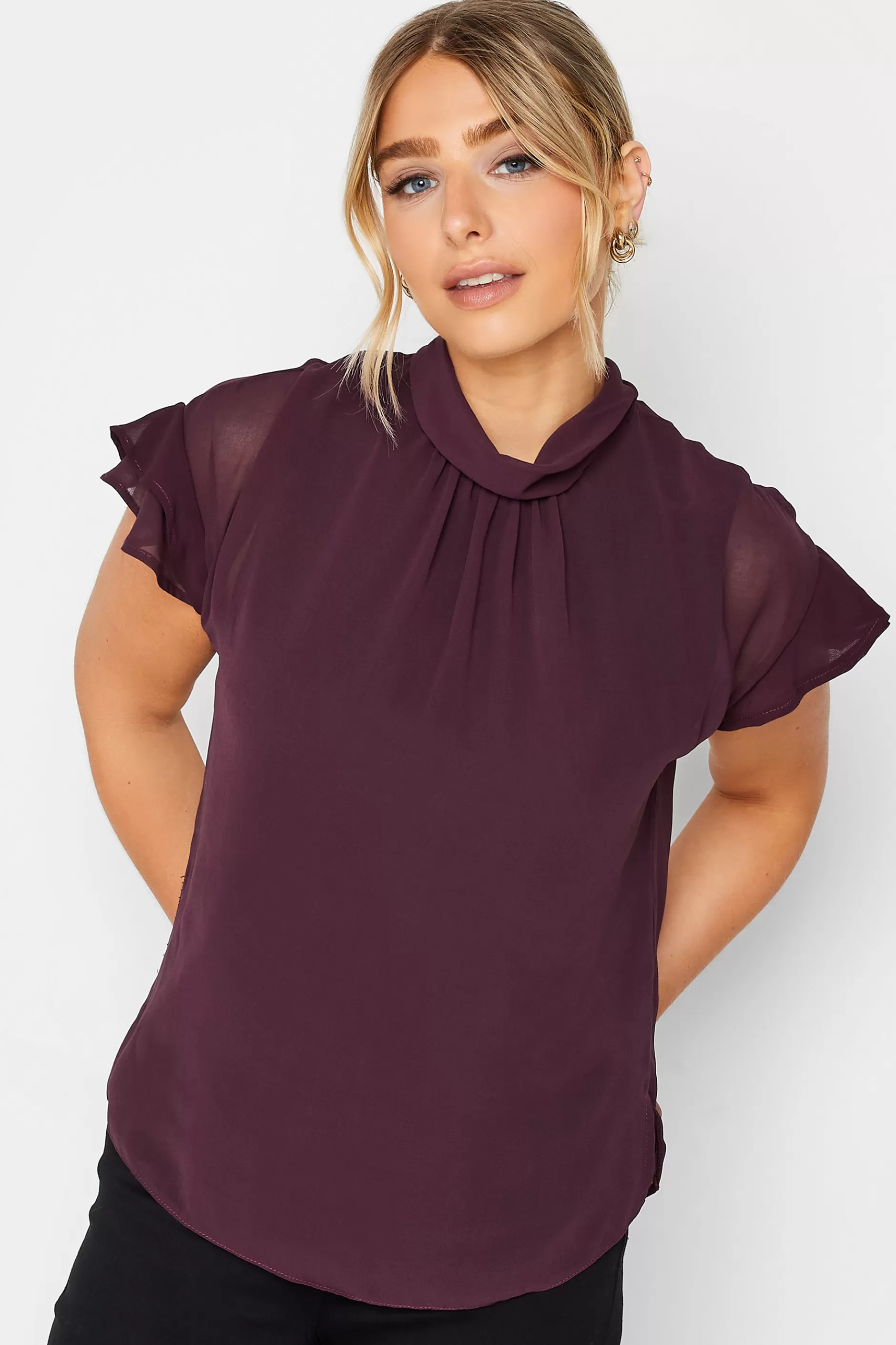 Women M&Co Short Sleeve Tops> Womens Dark Purple High Neck Frill Sleeve Blouse