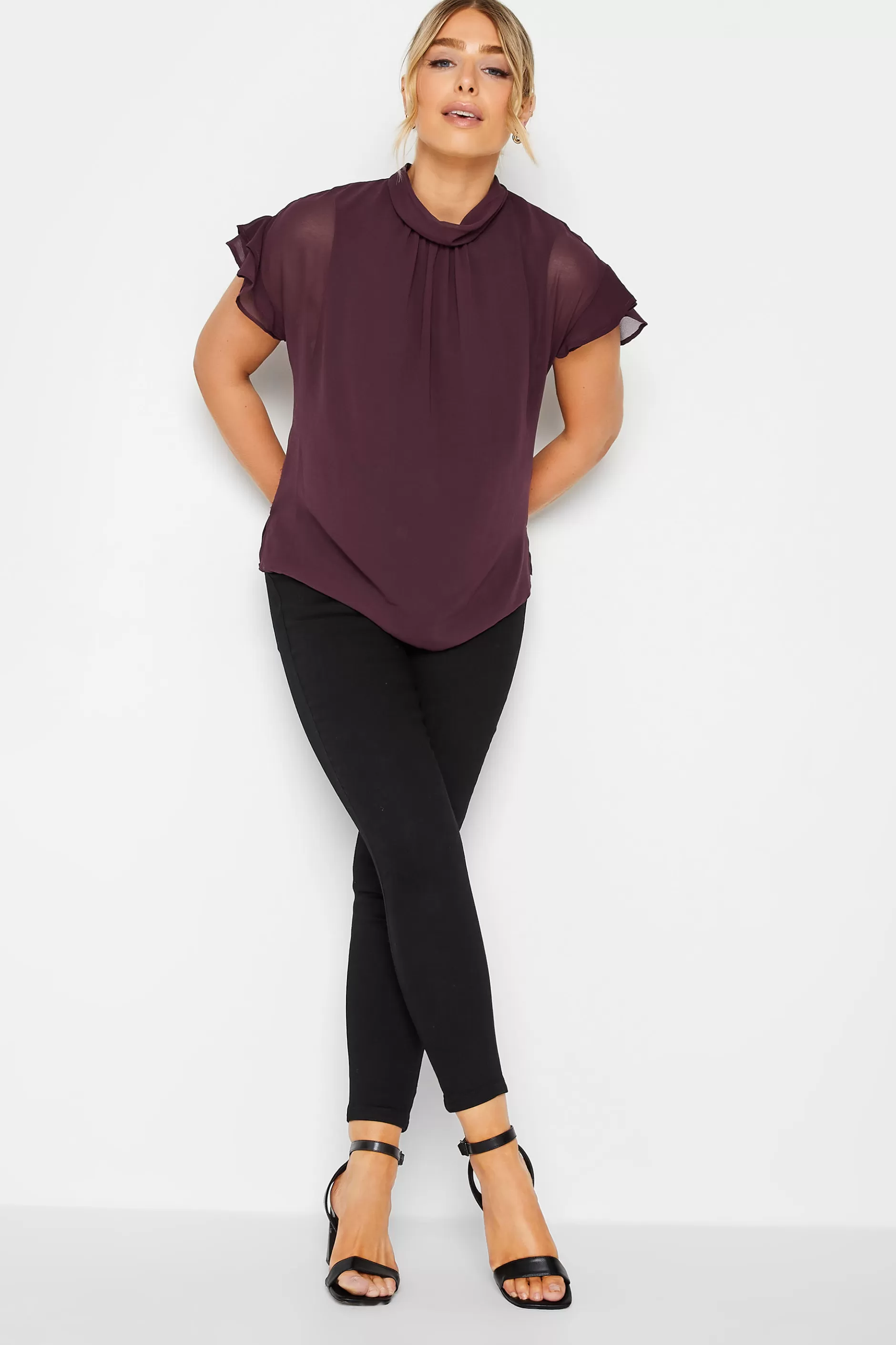 Women M&Co Short Sleeve Tops> Womens Dark Purple High Neck Frill Sleeve Blouse