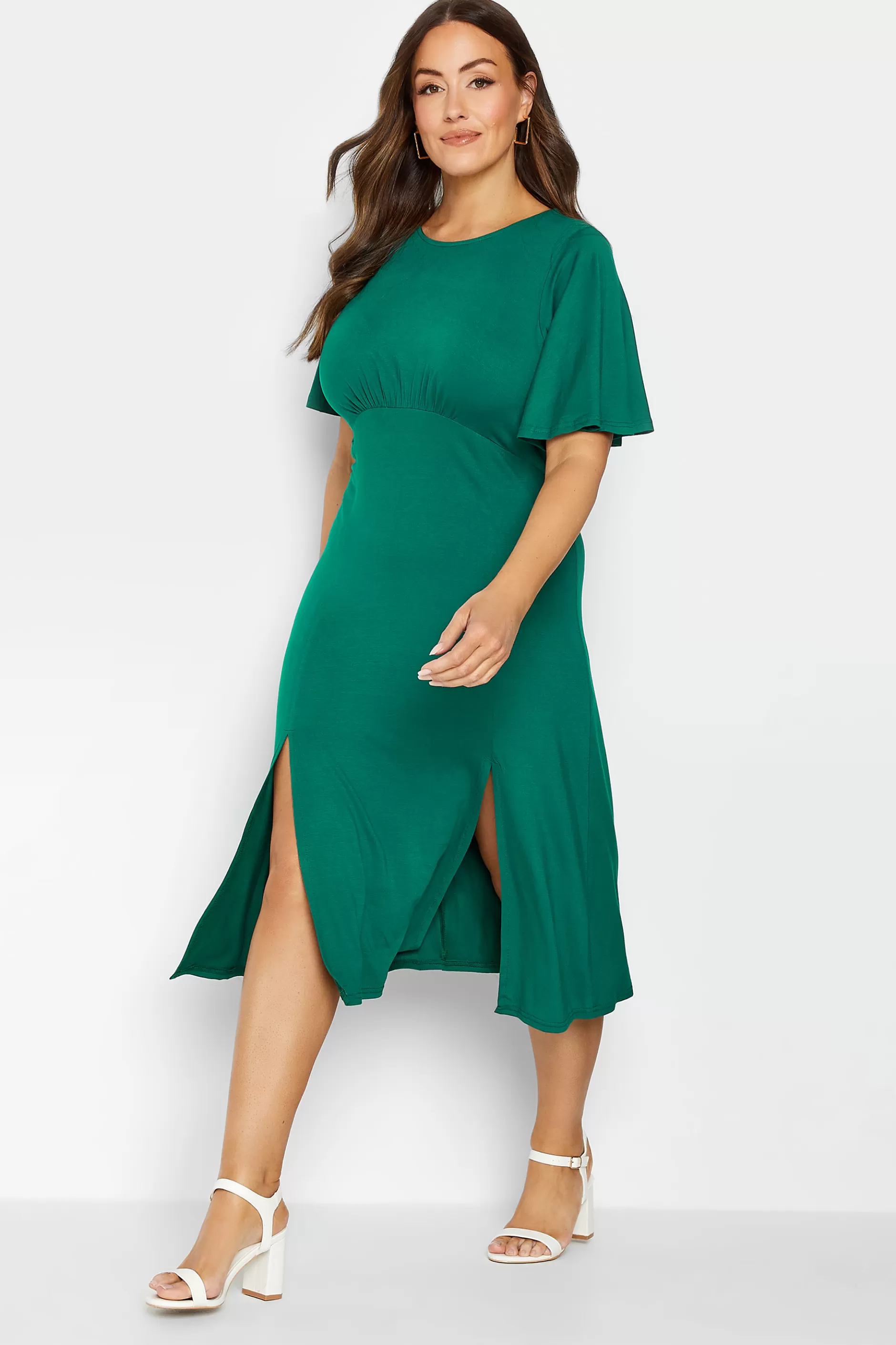 Women M&Co Wedding Guest Dresses> Womens Forest Green Angel Sleeve Split Hem Midi Dress