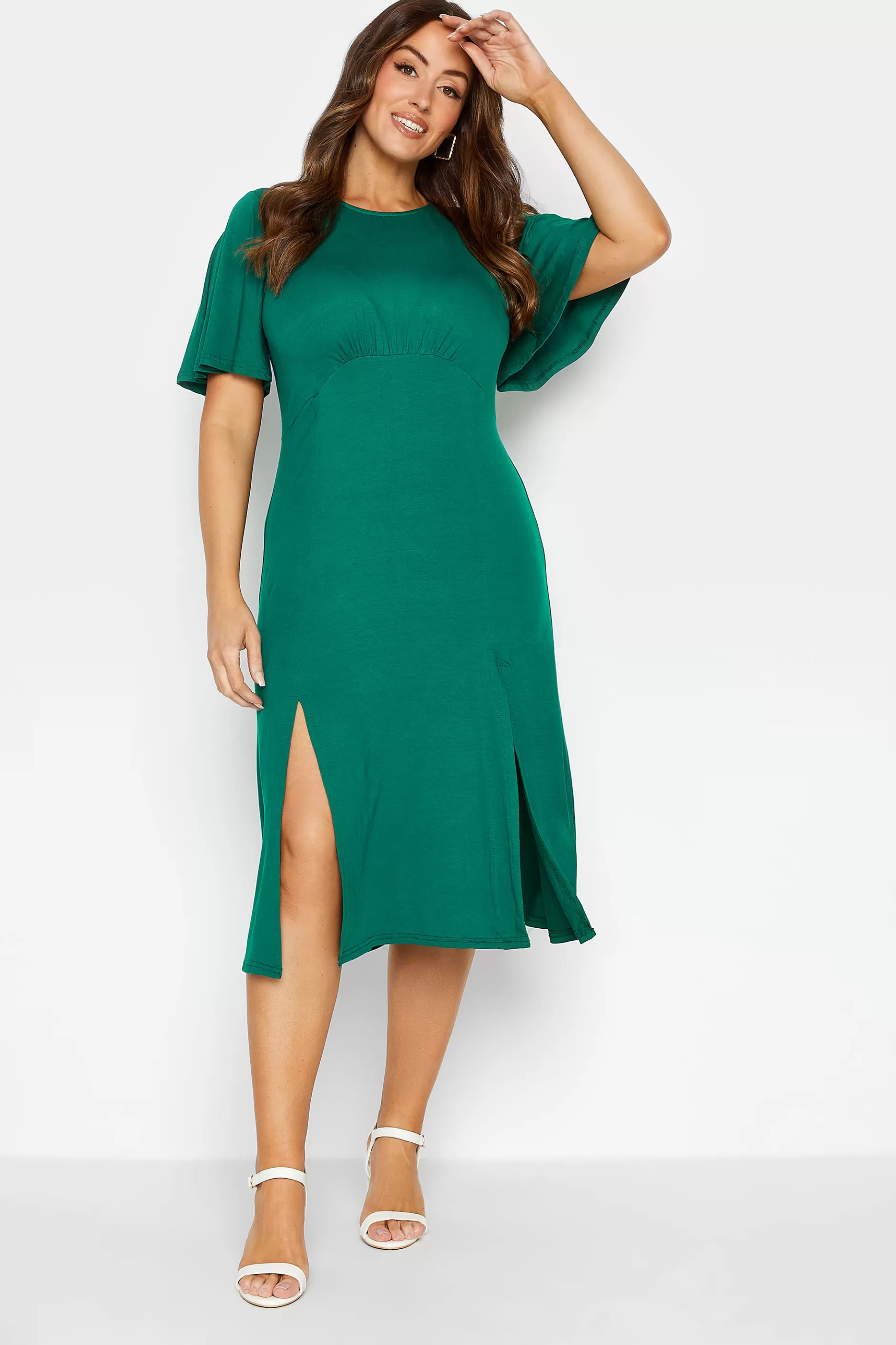 Women M&Co Wedding Guest Dresses> Womens Forest Green Angel Sleeve Split Hem Midi Dress