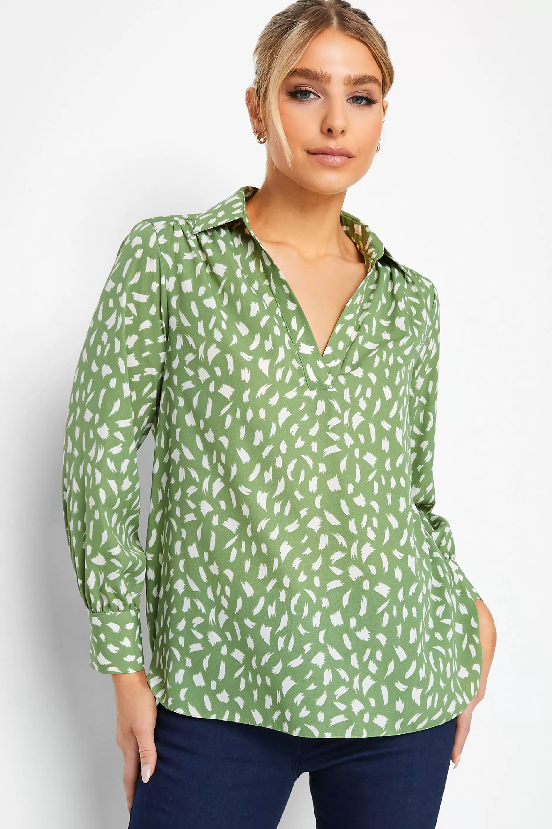 Women M&Co Shirts> Womens Green Brush Stroke Print Half Placket Shirt
