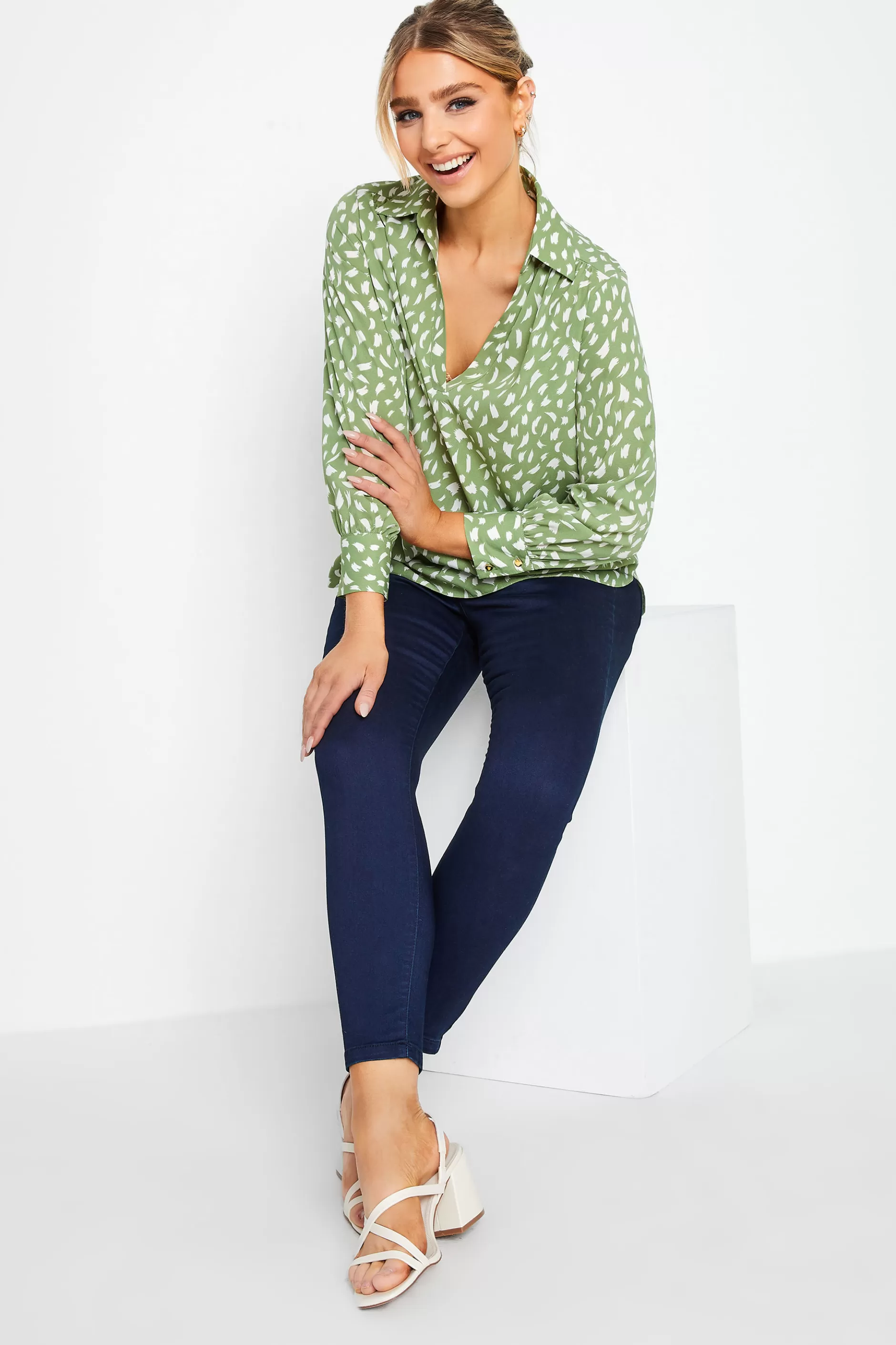 Women M&Co Shirts> Womens Green Brush Stroke Print Half Placket Shirt