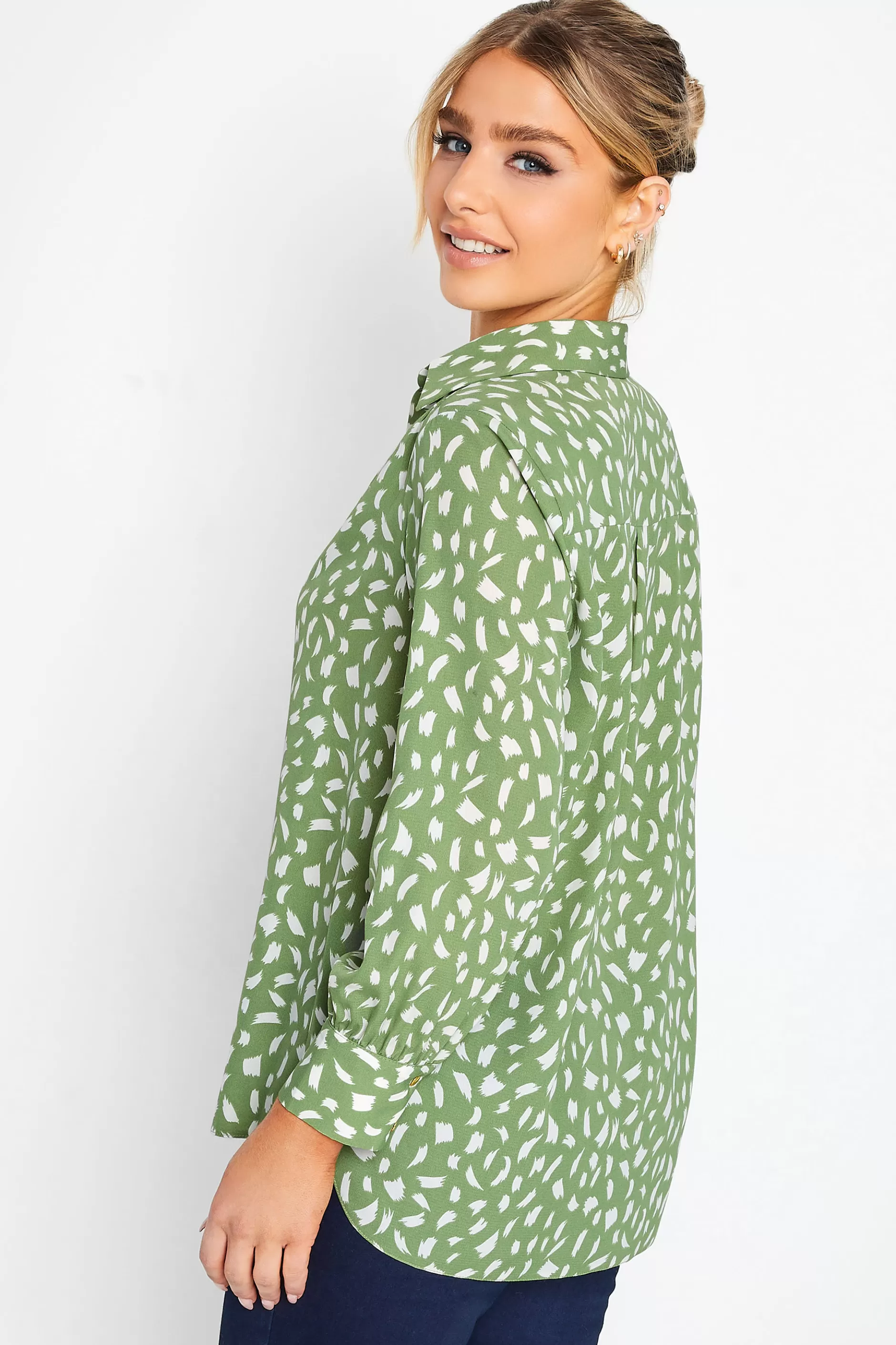 Women M&Co Shirts> Womens Green Brush Stroke Print Half Placket Shirt