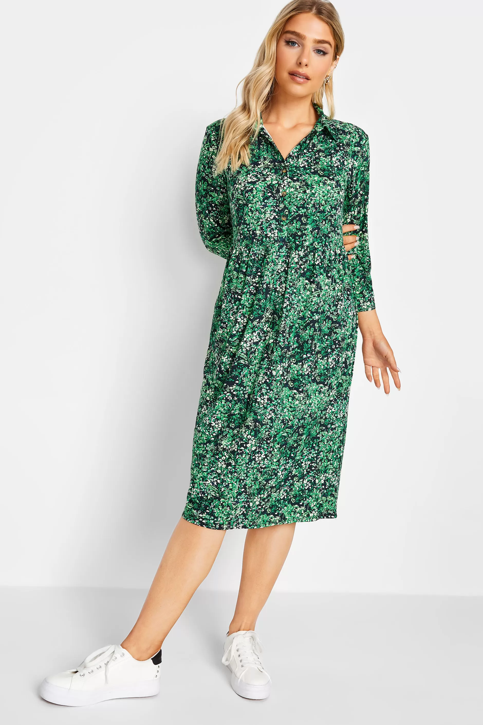 Women M&Co Wedding Guest Dresses> Womens Green Floral Half Placket Midi Smock Dress