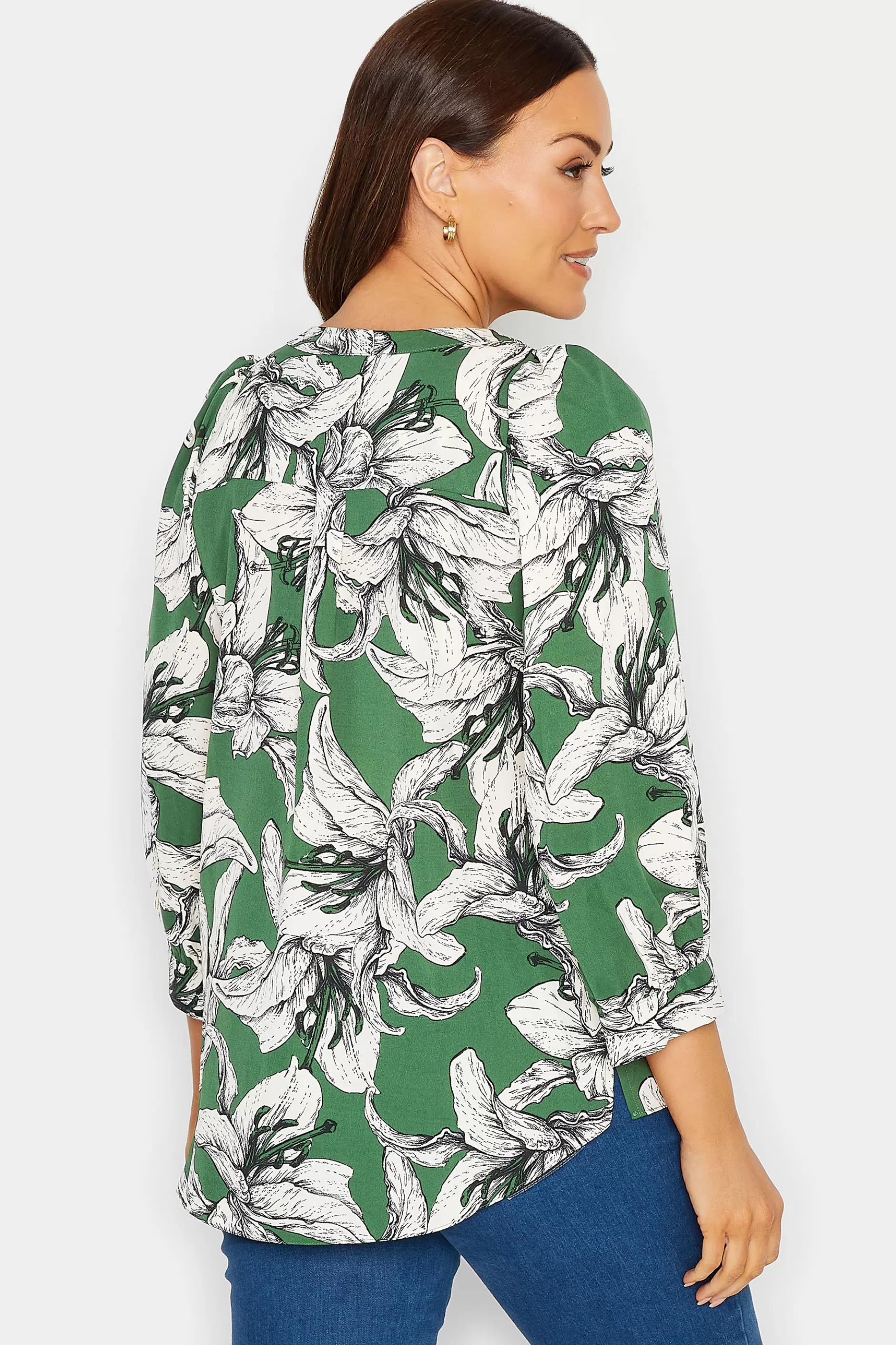 Women M&Co Shirts> Womens Green Floral Print 3/4 Sleeve Blouse