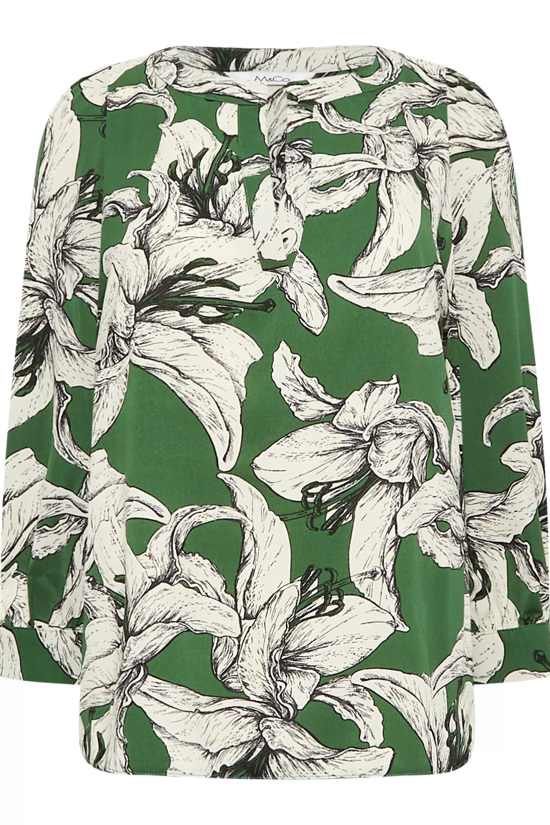 Women M&Co Shirts> Womens Green Floral Print 3/4 Sleeve Blouse