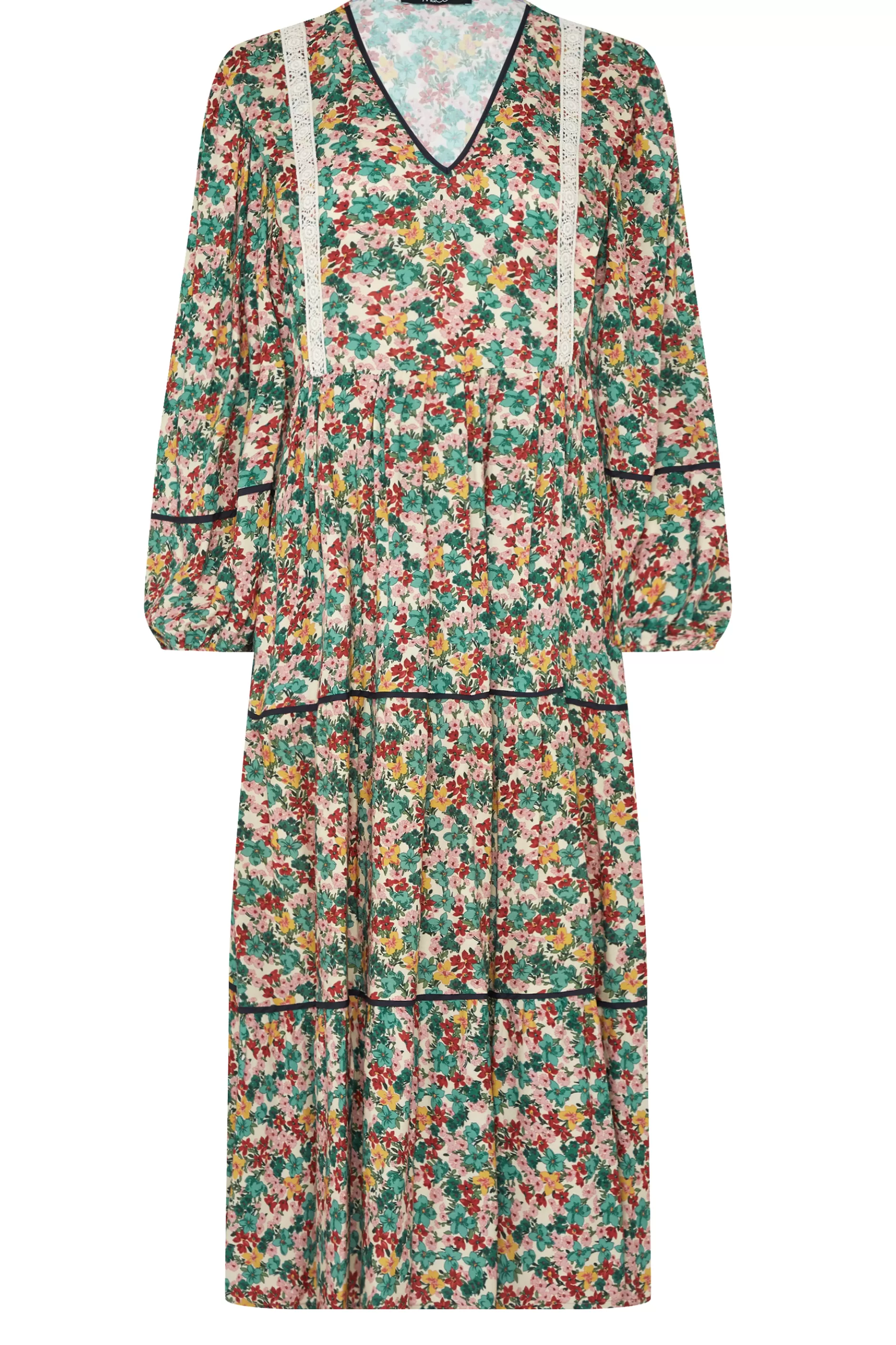 Women M&Co Maxi Dresses> Womens Green Floral Print Crochet Trim Maxi Dress