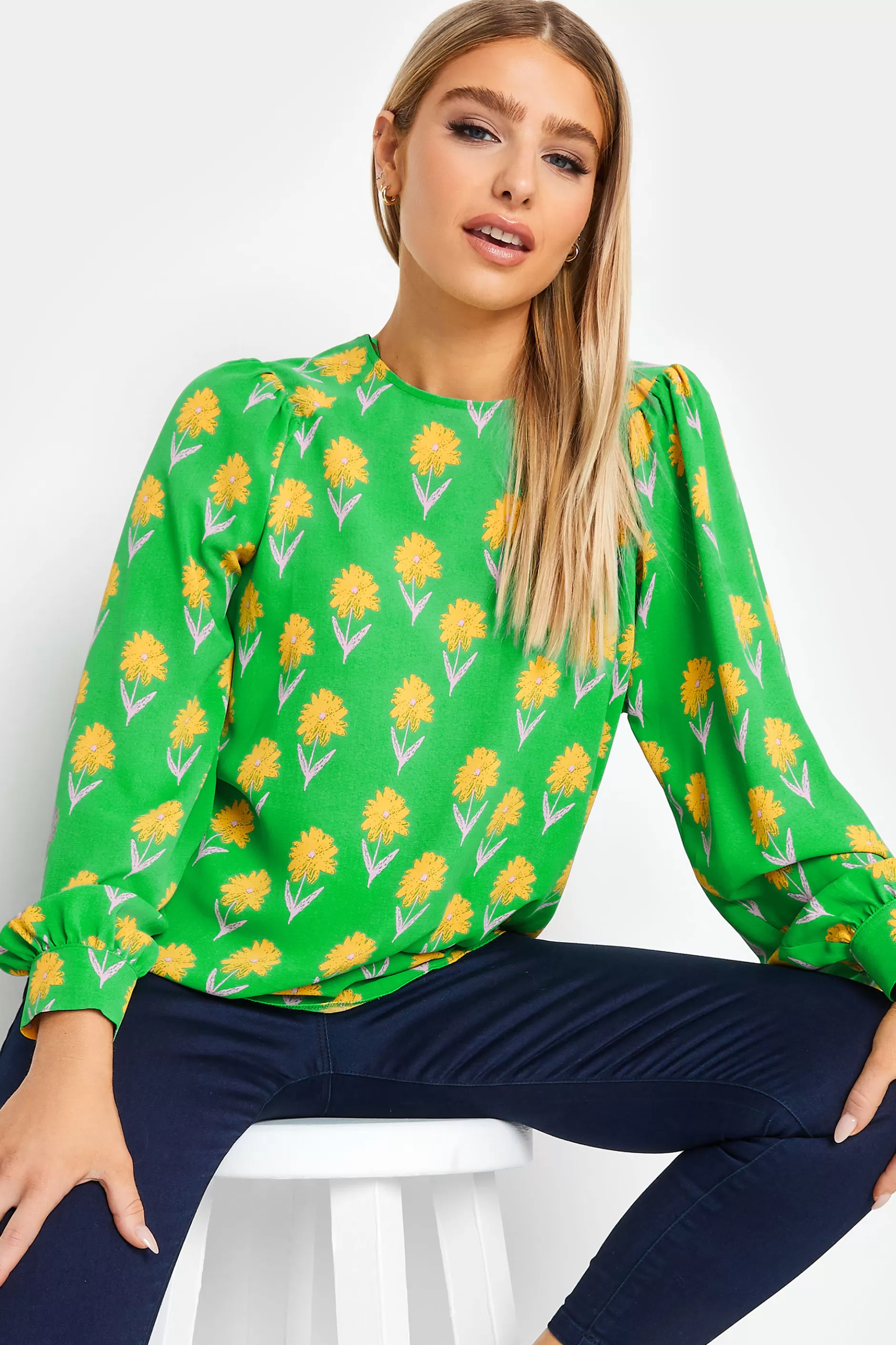 Women M&Co Shirts> Womens Green Floral Print Long Sleeve Blouse