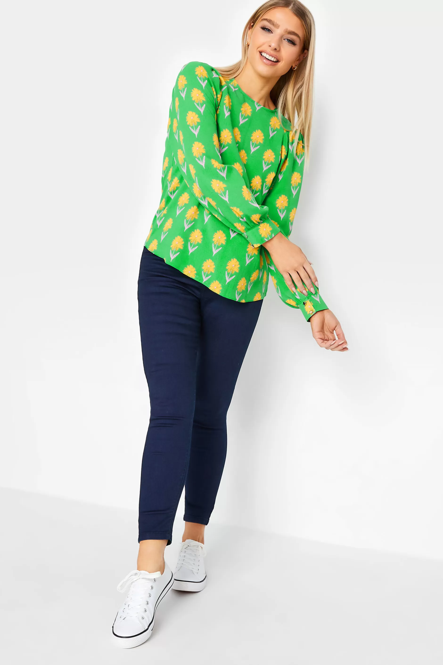 Women M&Co Shirts> Womens Green Floral Print Long Sleeve Blouse