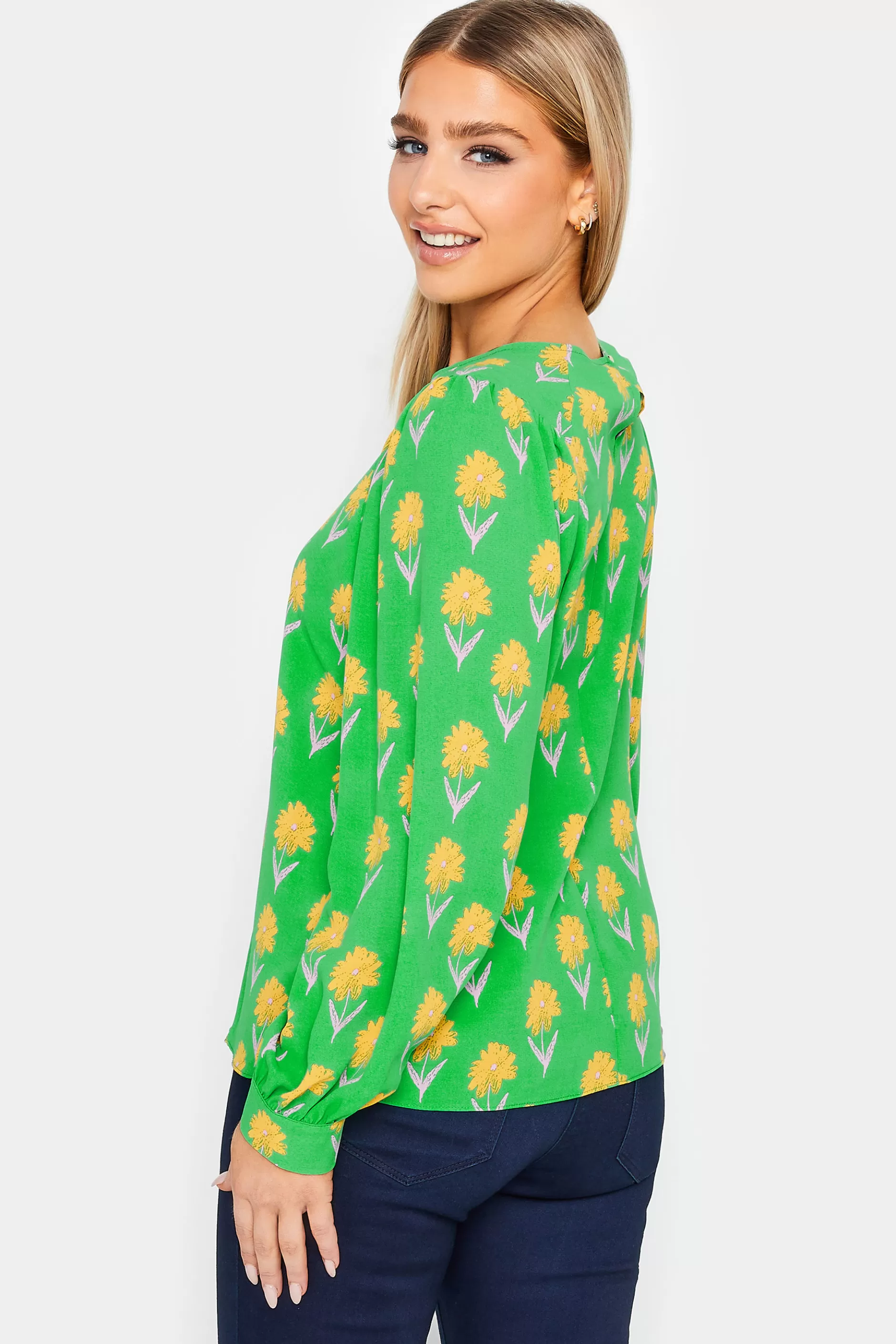 Women M&Co Shirts> Womens Green Floral Print Long Sleeve Blouse