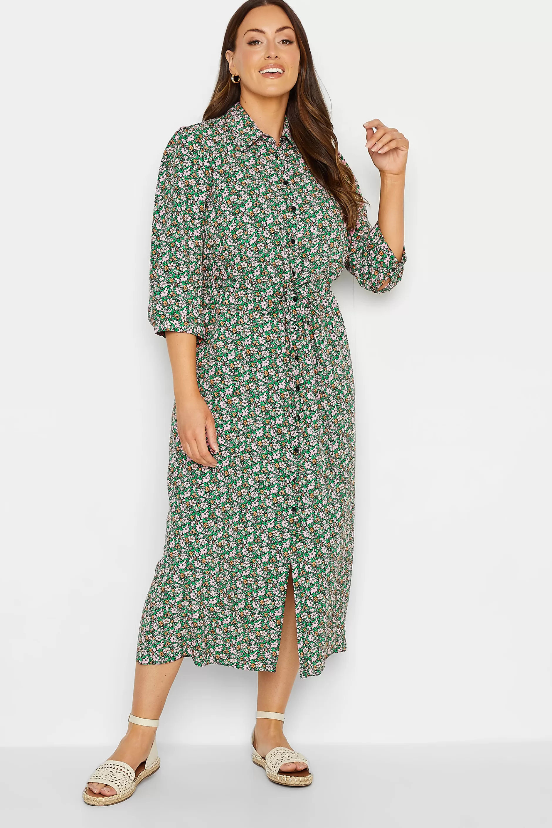 Women M&Co Shirt Dresses> Womens Green Floral Print Midi Shirt Dress