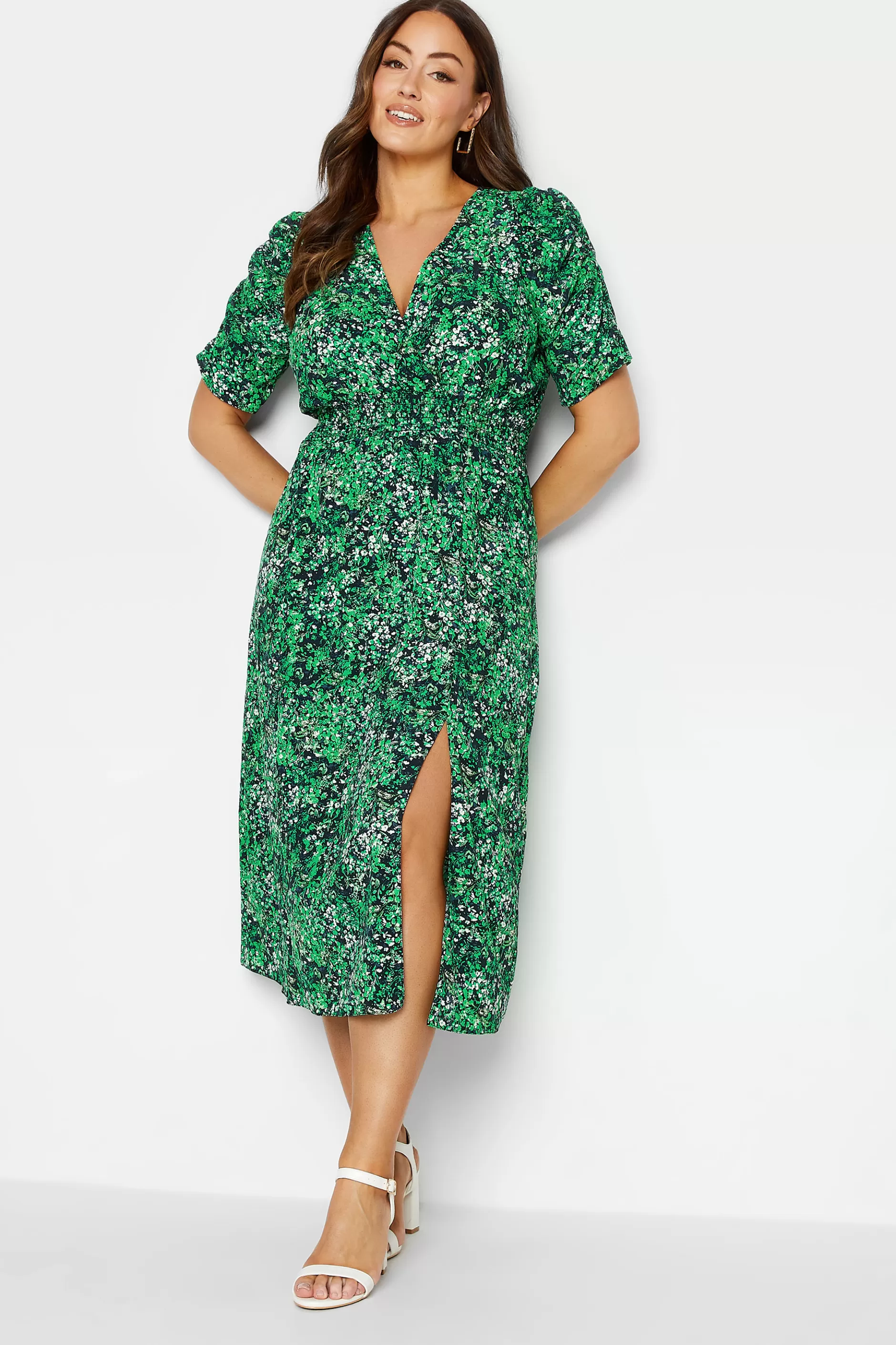 Women M&Co Midi Dresses> Womens Green Floral Print Shirred Waist Midi Dress