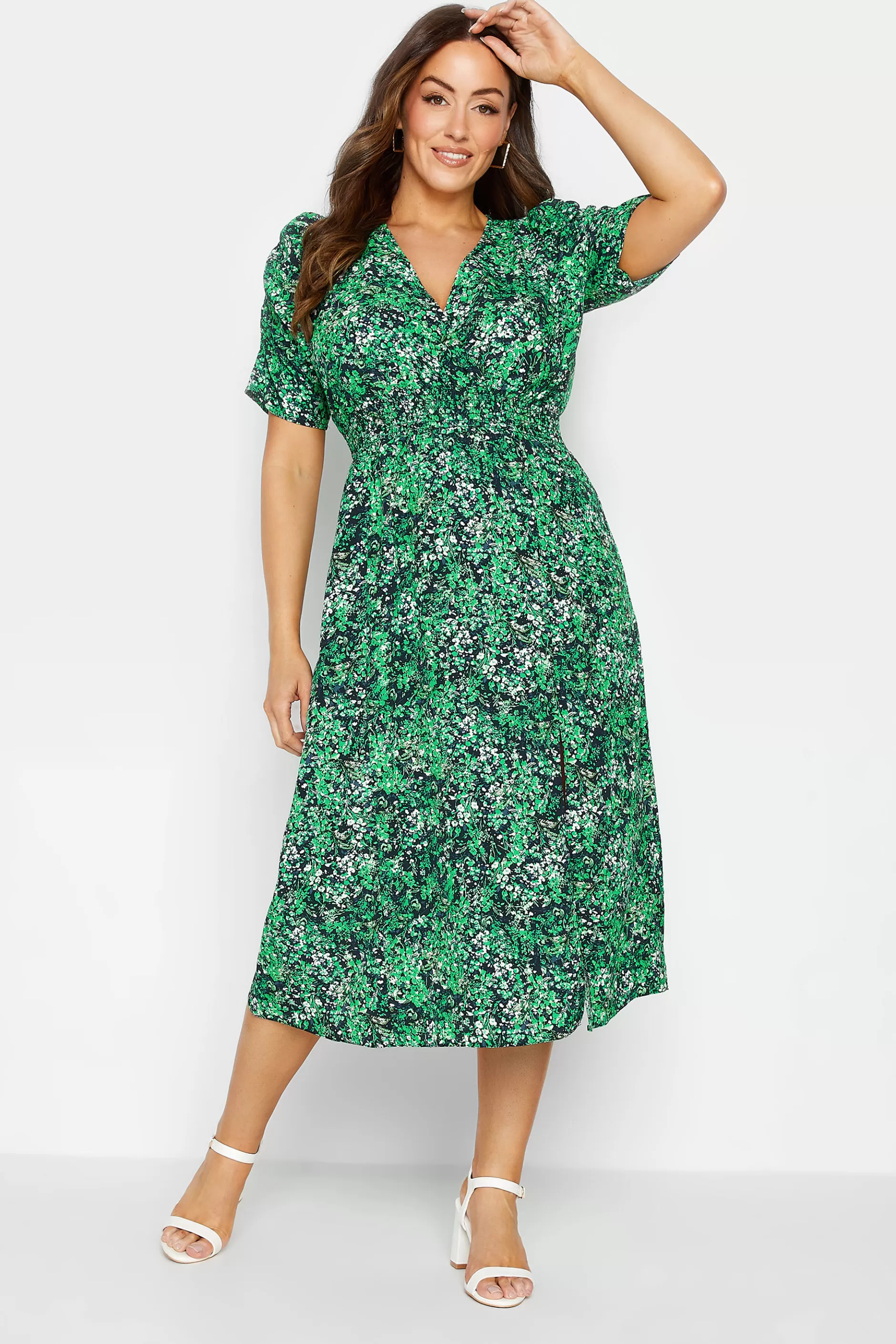 Women M&Co Midi Dresses> Womens Green Floral Print Shirred Waist Midi Dress