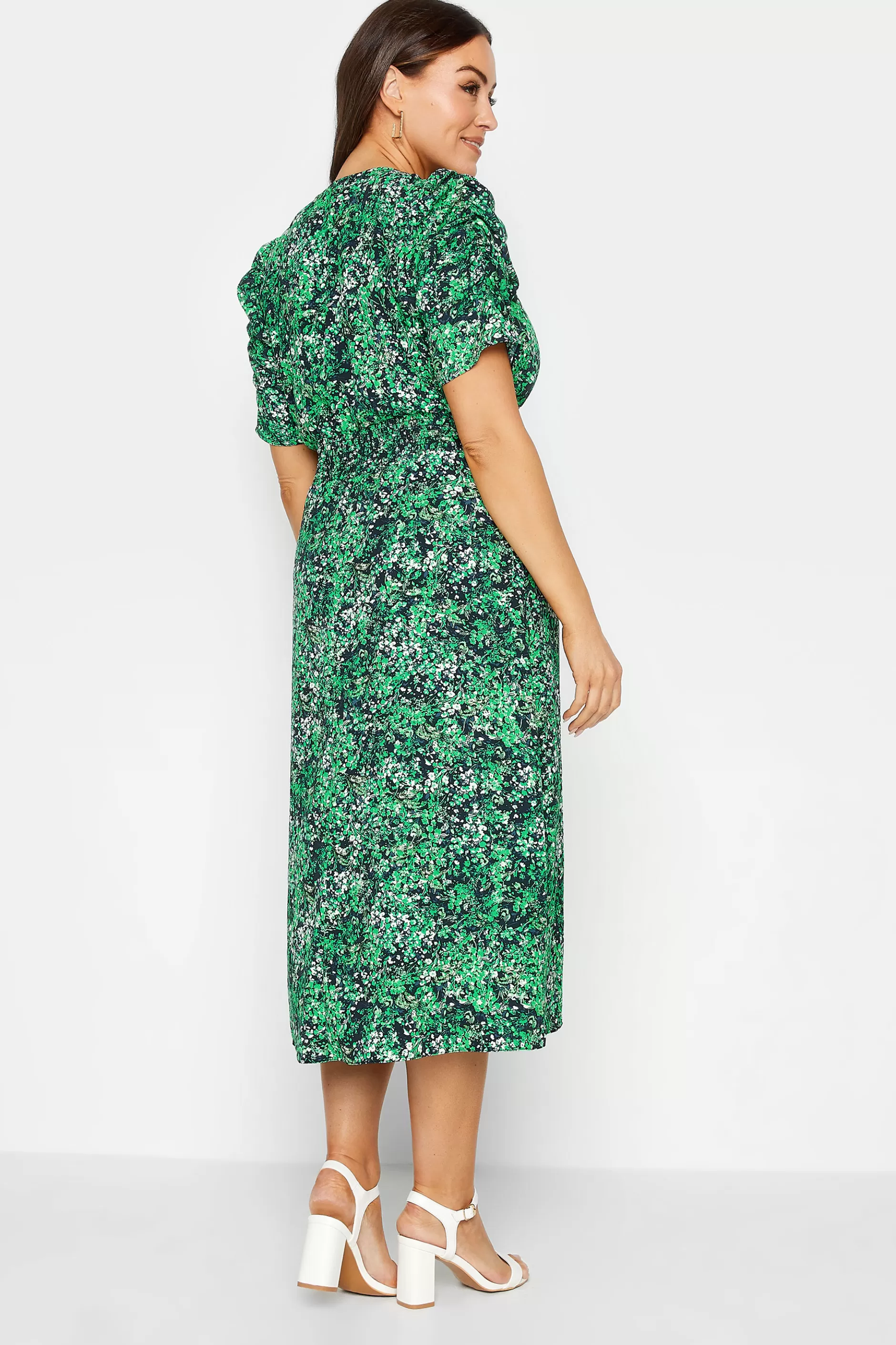 Women M&Co Midi Dresses> Womens Green Floral Print Shirred Waist Midi Dress