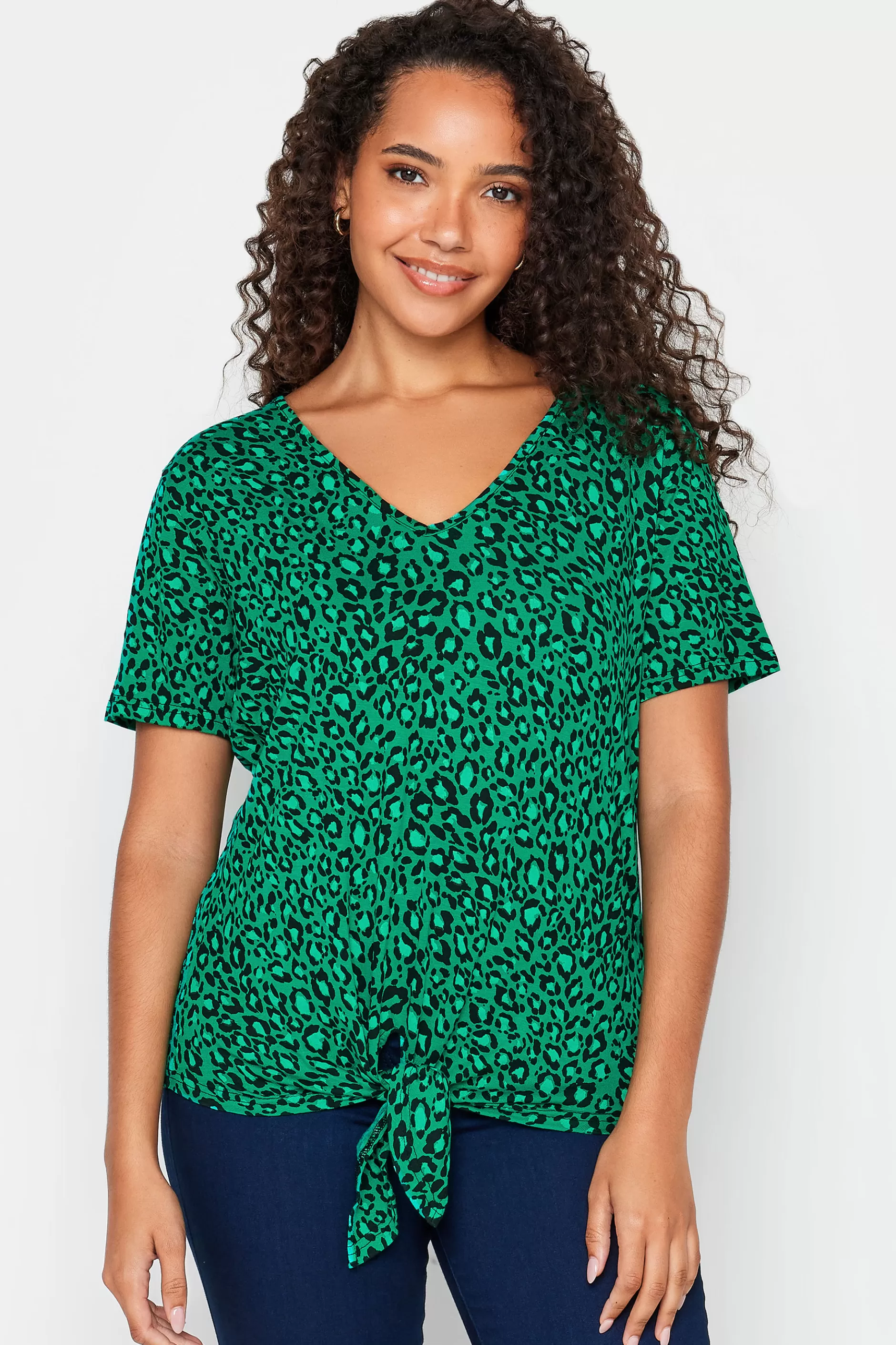 Women M&Co T-Shirts> Womens Green Leopard Print Tie Detail T-Shirt