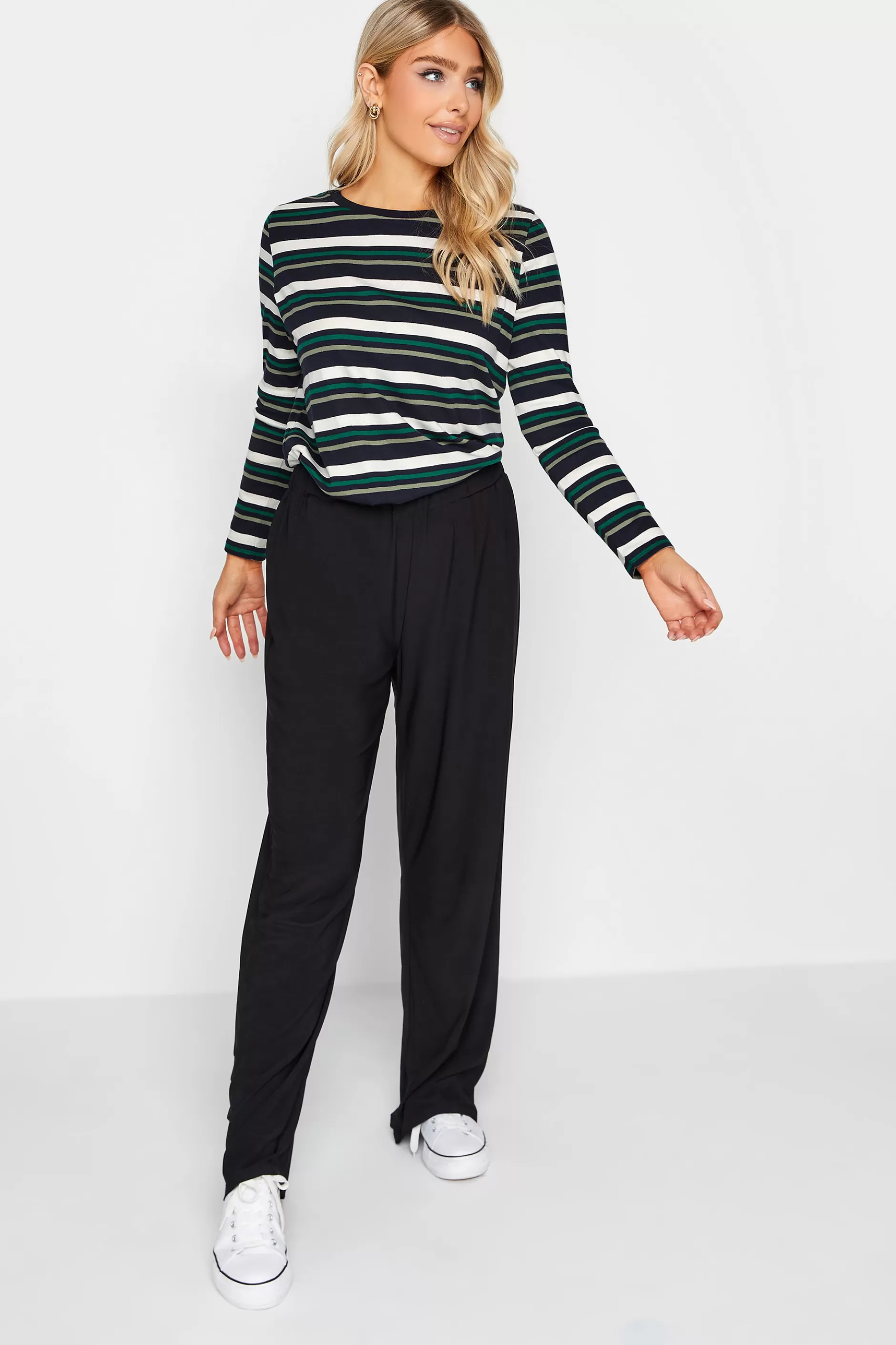 Women M&Co Long Sleeve Tops> Womens Green Teal Stripe Cotton Blend Long Sleeve Top