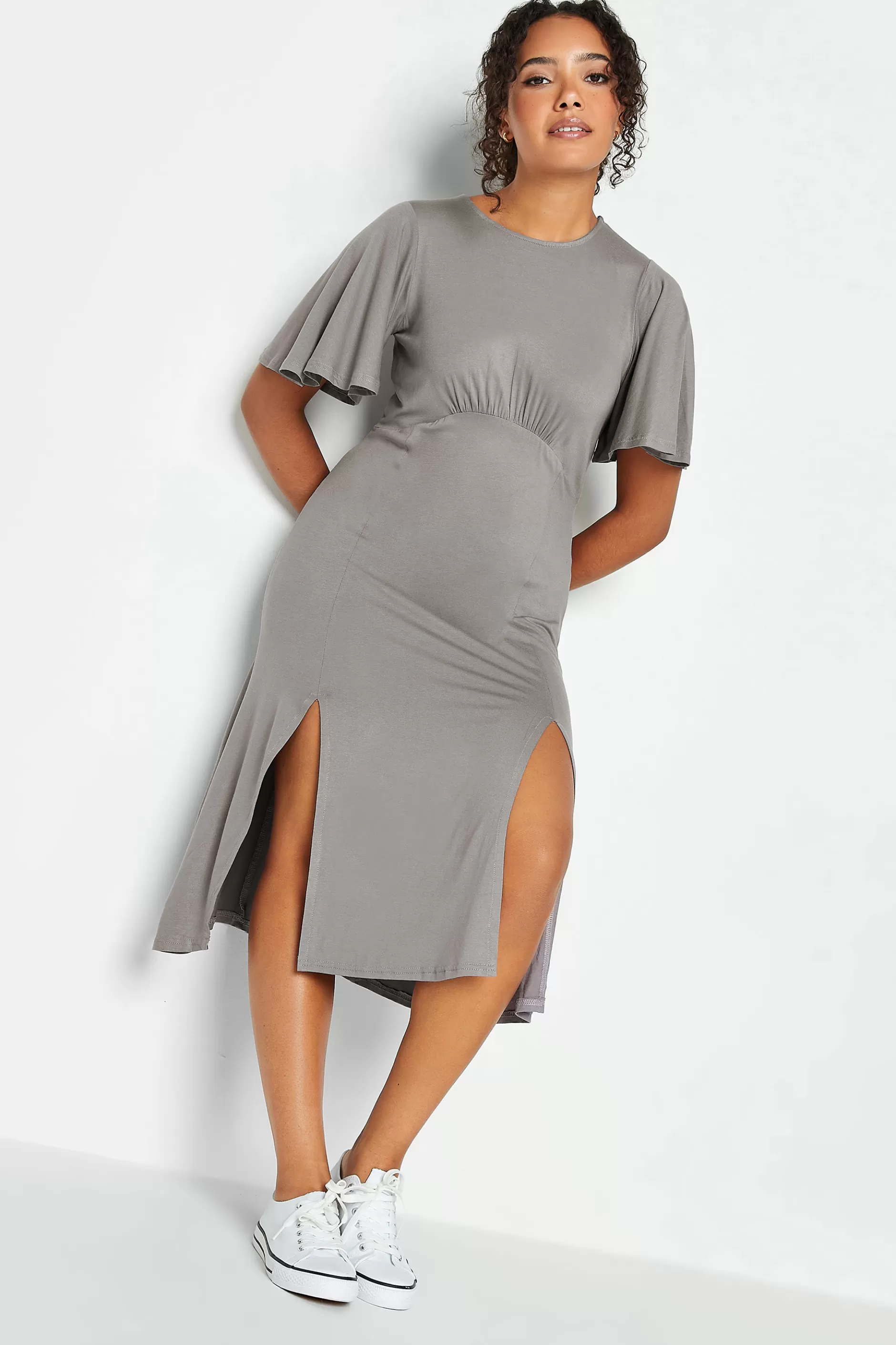 Women M&Co Midi Dresses> Womens Grey Angel Sleeve Split Hem Midi Dress