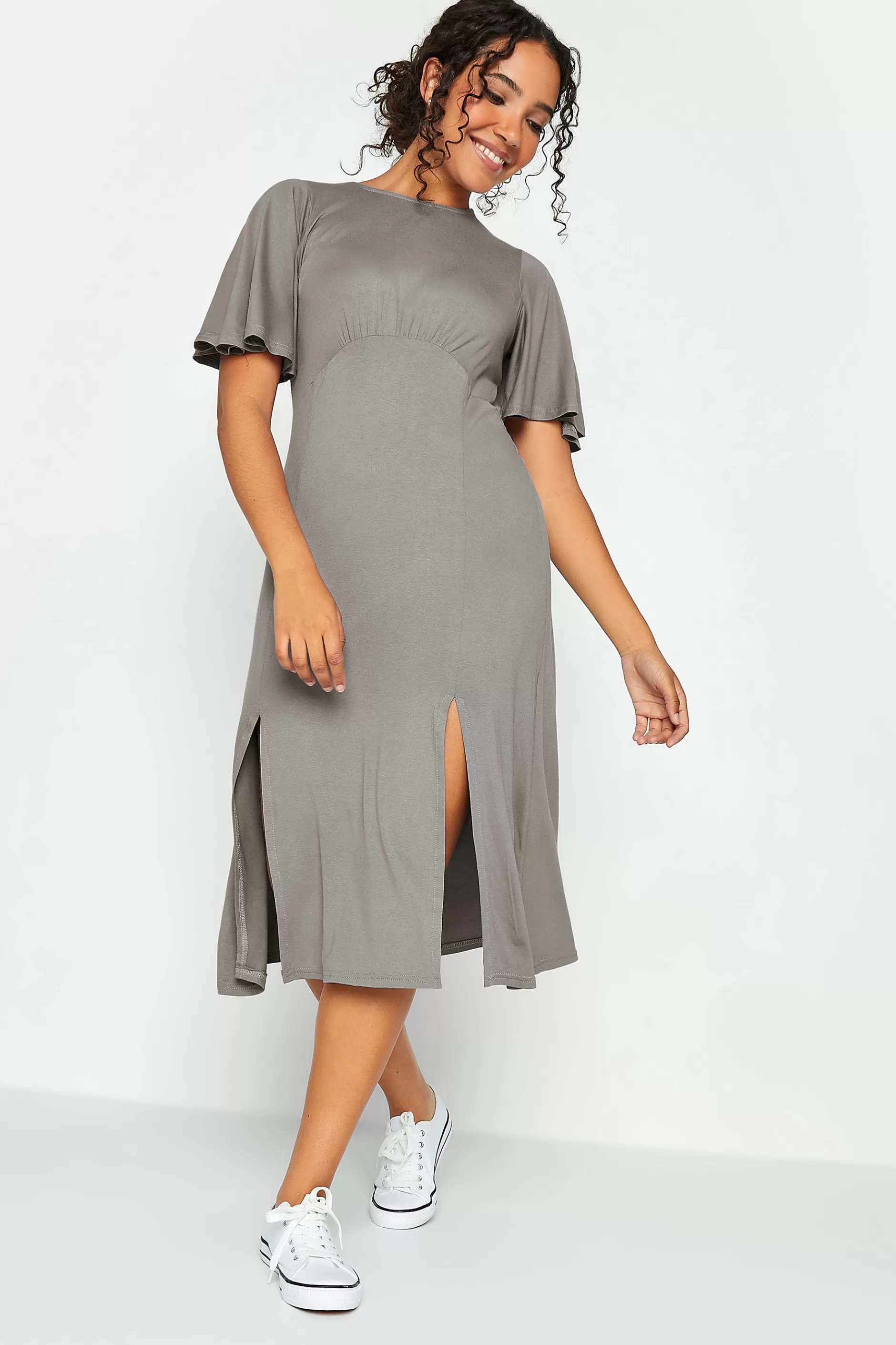Women M&Co Midi Dresses> Womens Grey Angel Sleeve Split Hem Midi Dress