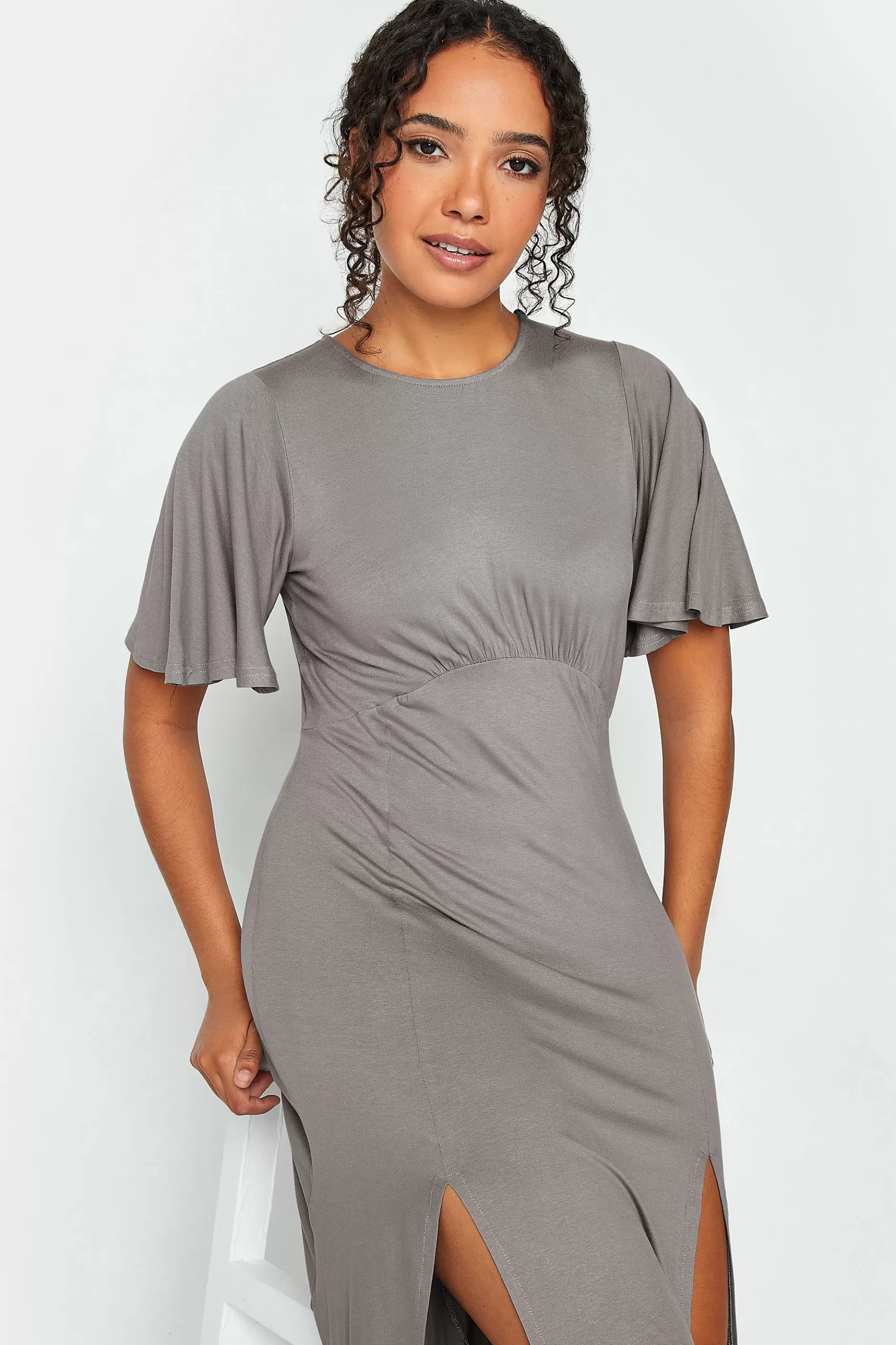 Women M&Co Midi Dresses> Womens Grey Angel Sleeve Split Hem Midi Dress