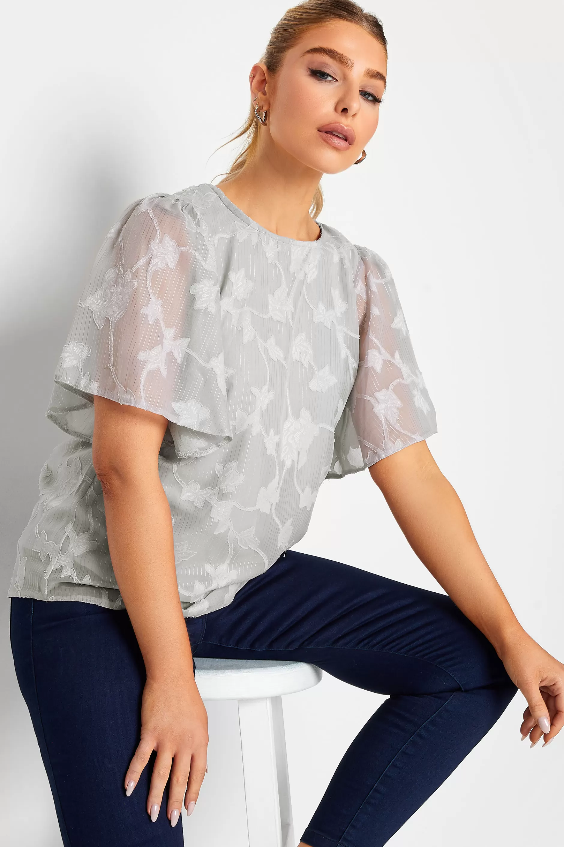 Women M&Co Blouses> Womens Grey Floral Shimmer Angel Sleeve Blouse