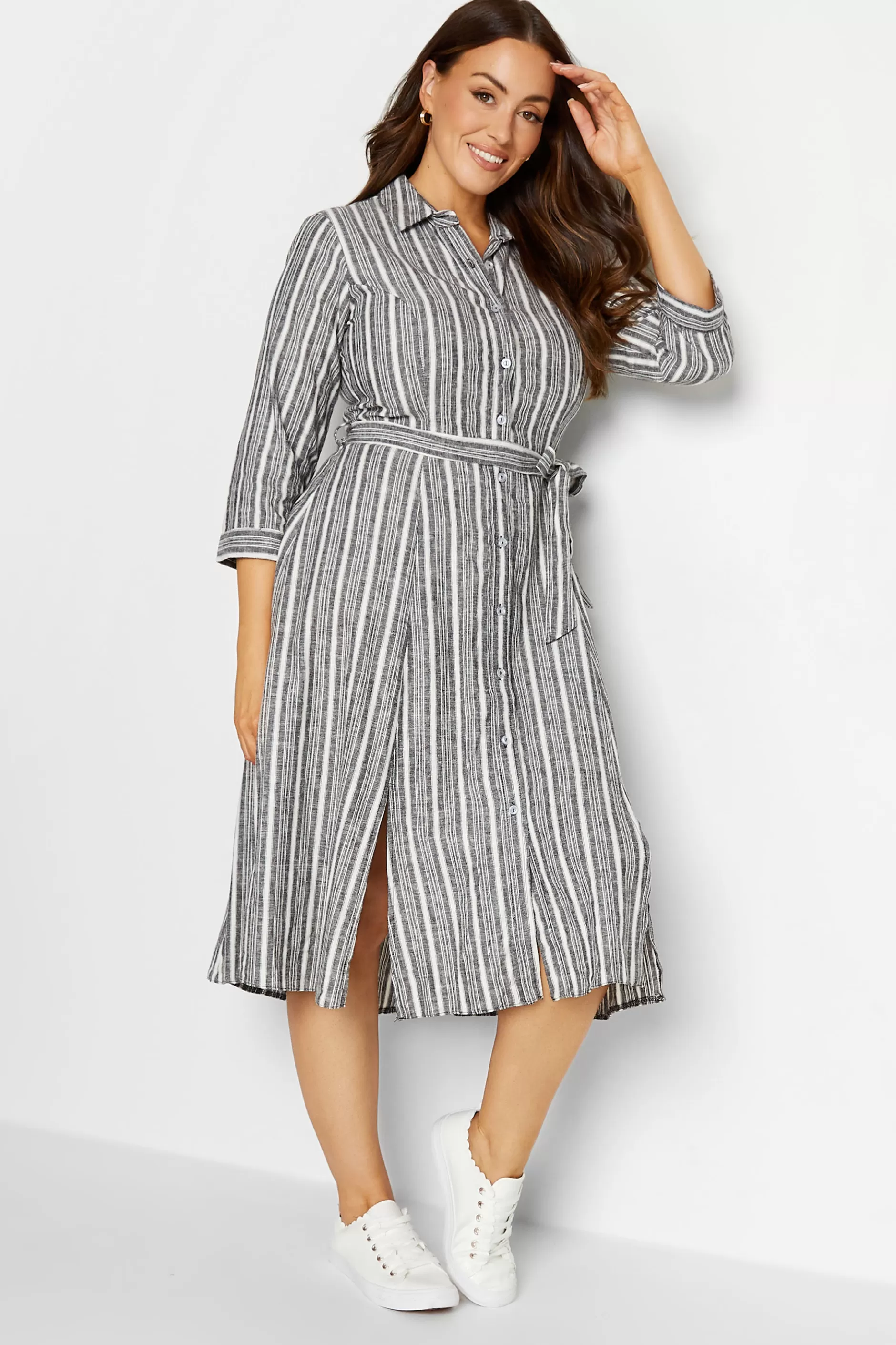 Women M&Co Shirt Dresses> Womens Grey Stripe Button Through Tie Waist Cotton Dress