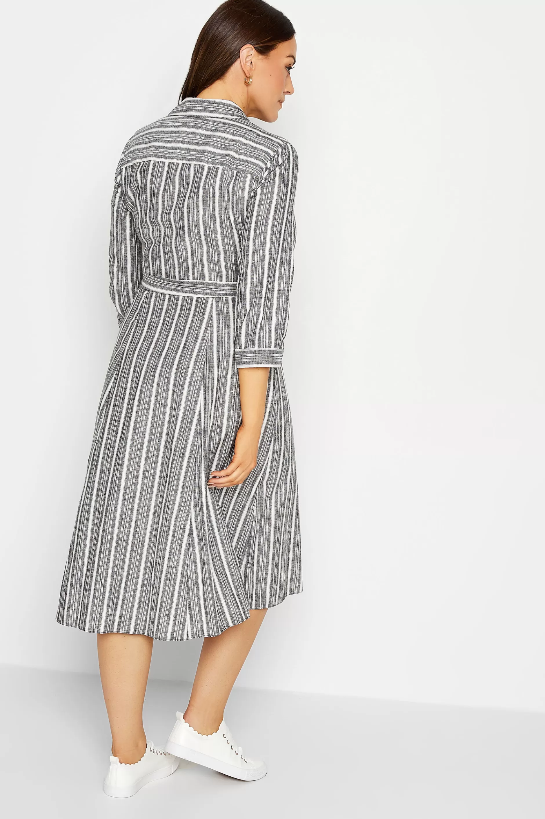 Women M&Co Shirt Dresses> Womens Grey Stripe Button Through Tie Waist Cotton Dress
