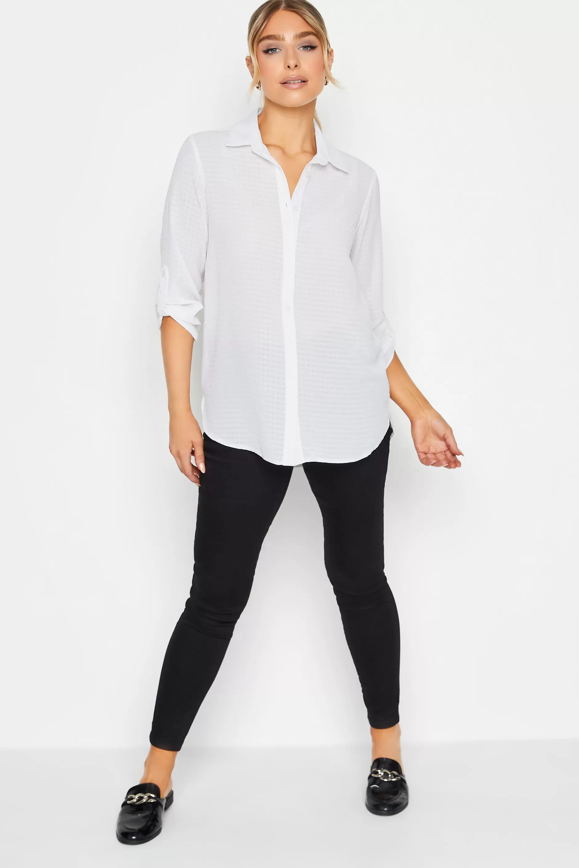 Women M&Co Shirts> Womens Ivory White Dobby Check Tab Sleeve Shirt