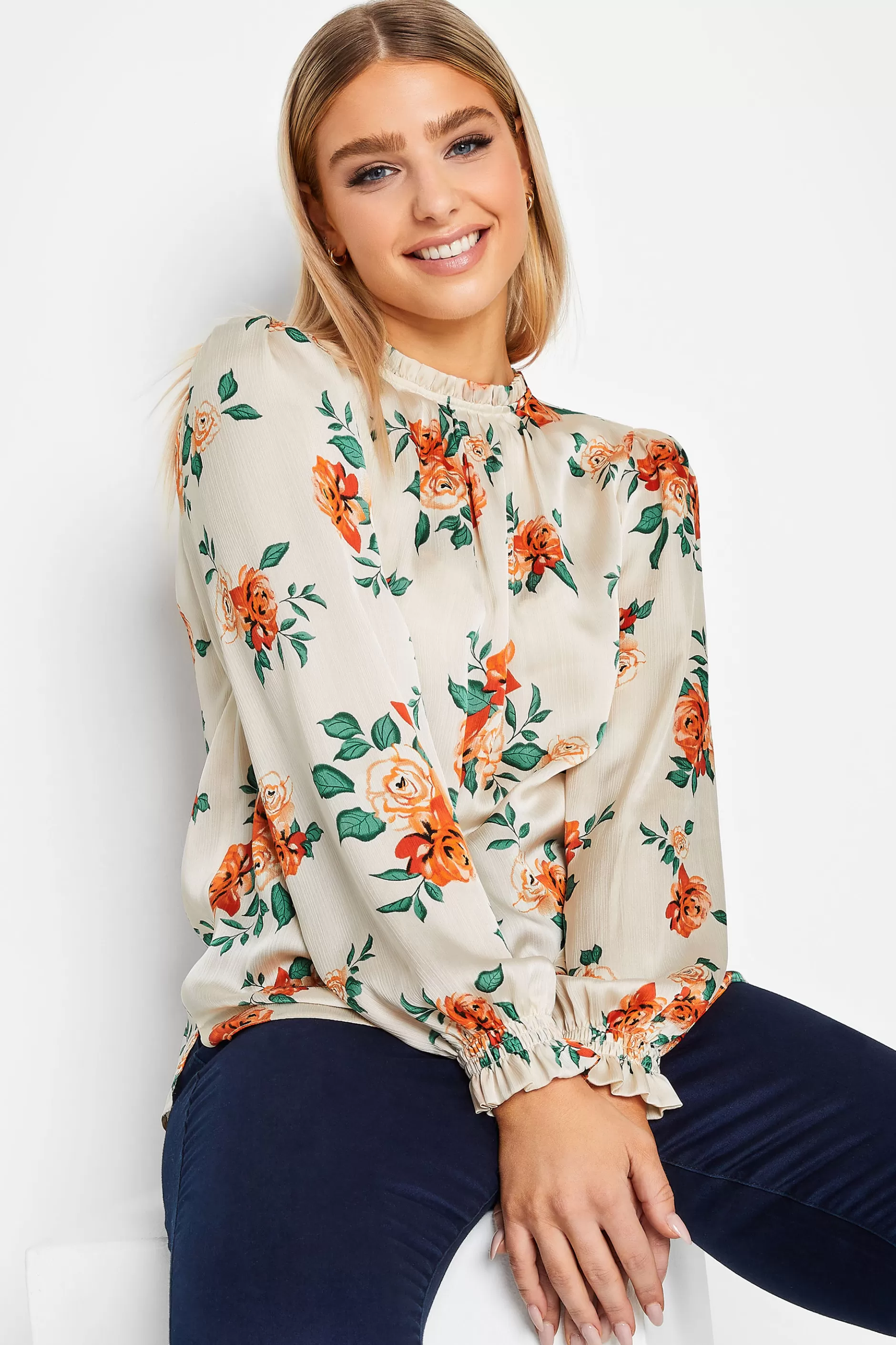 Women M&Co Long Sleeve Tops> Womens Ivory White Floral Print Frill Neck Blouse