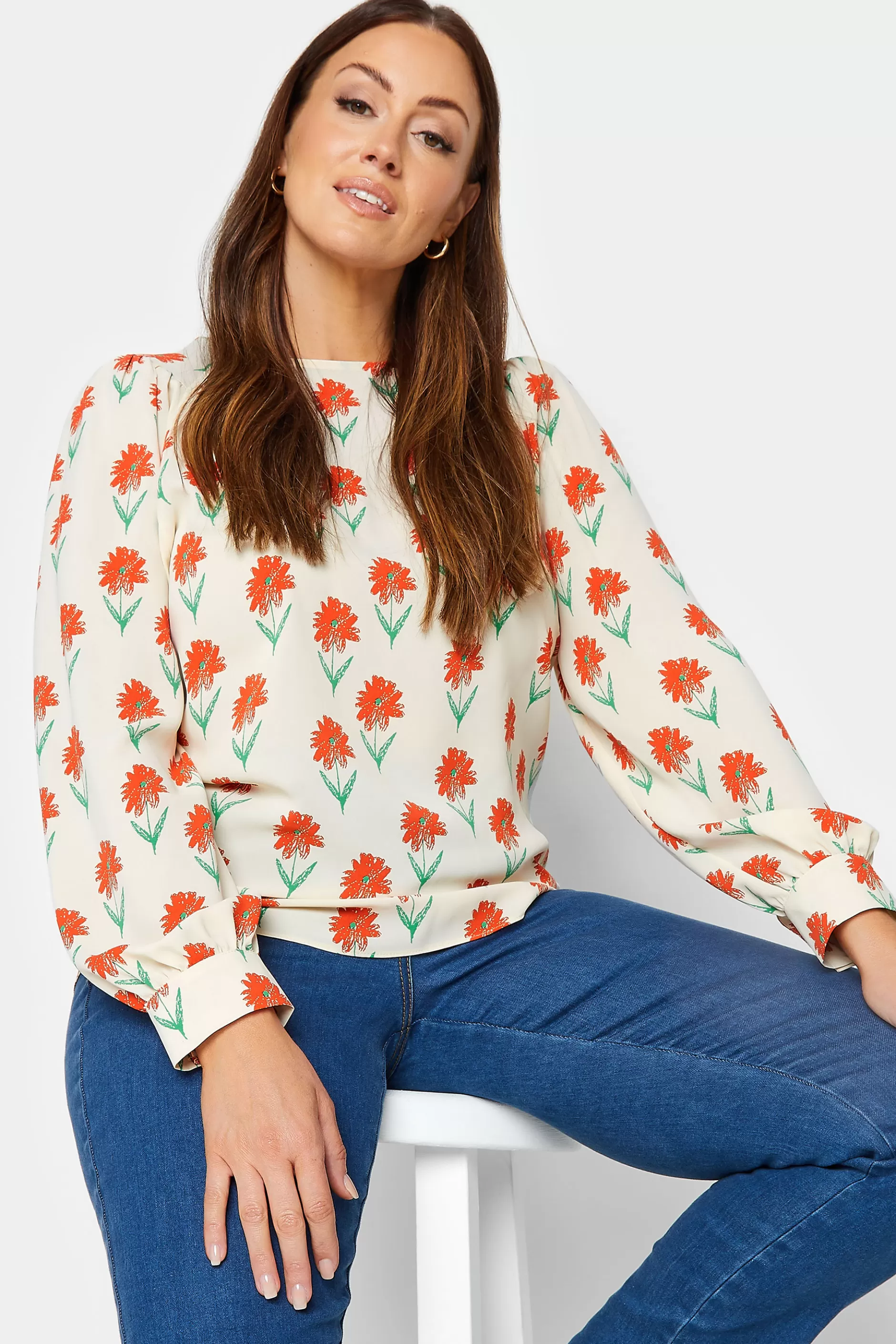 Women M&Co Shirts> Womens Ivory White Floral Print Long Sleeve Blouse