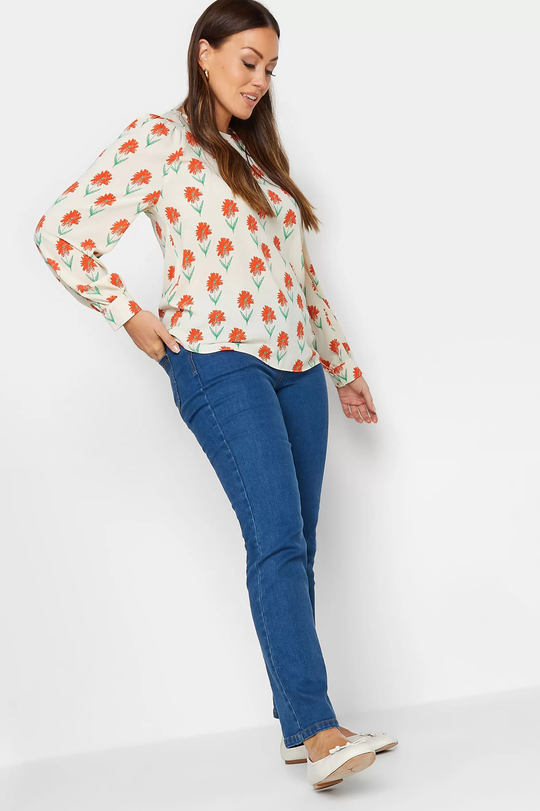 Women M&Co Shirts> Womens Ivory White Floral Print Long Sleeve Blouse