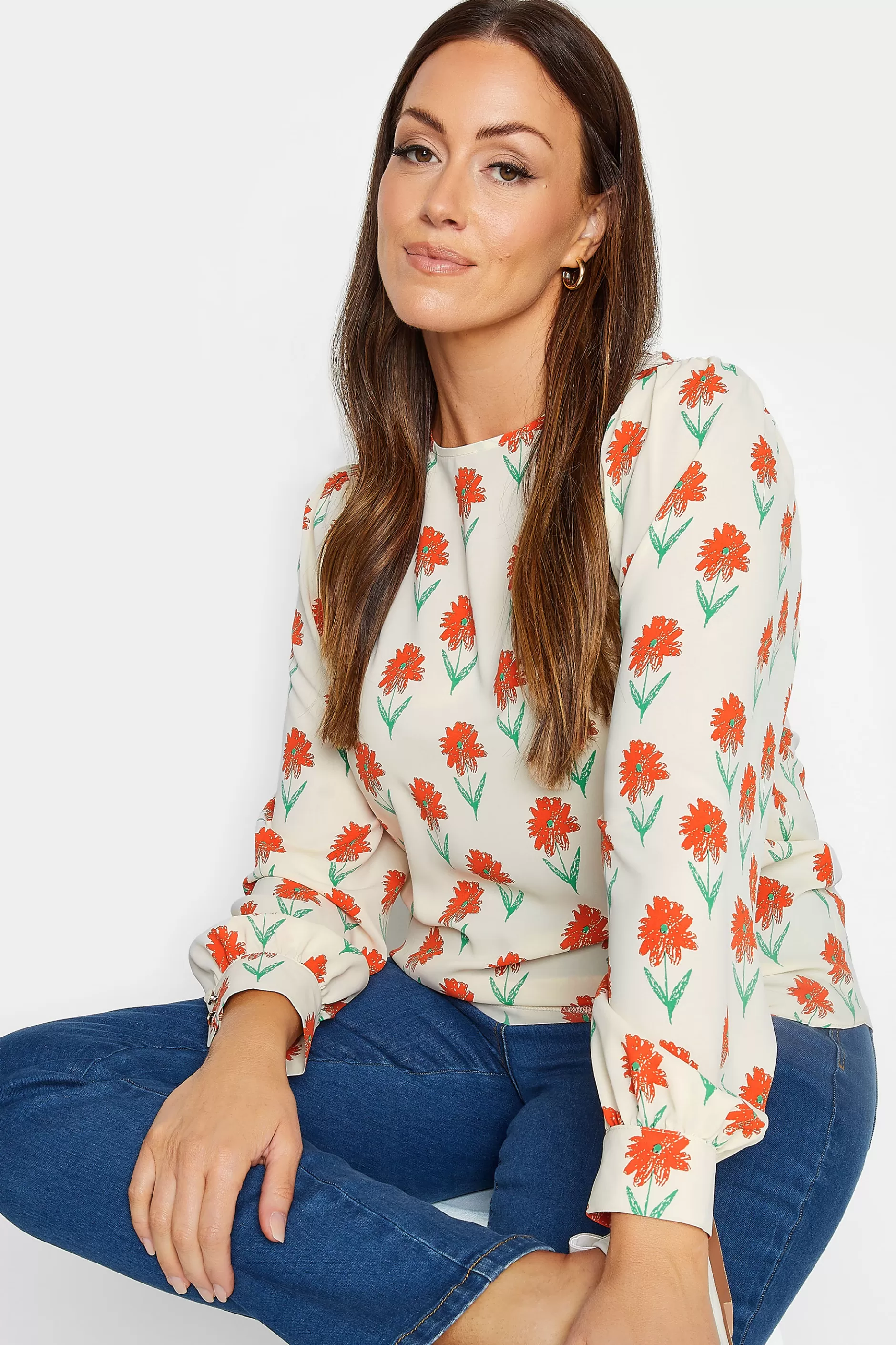 Women M&Co Shirts> Womens Ivory White Floral Print Long Sleeve Blouse