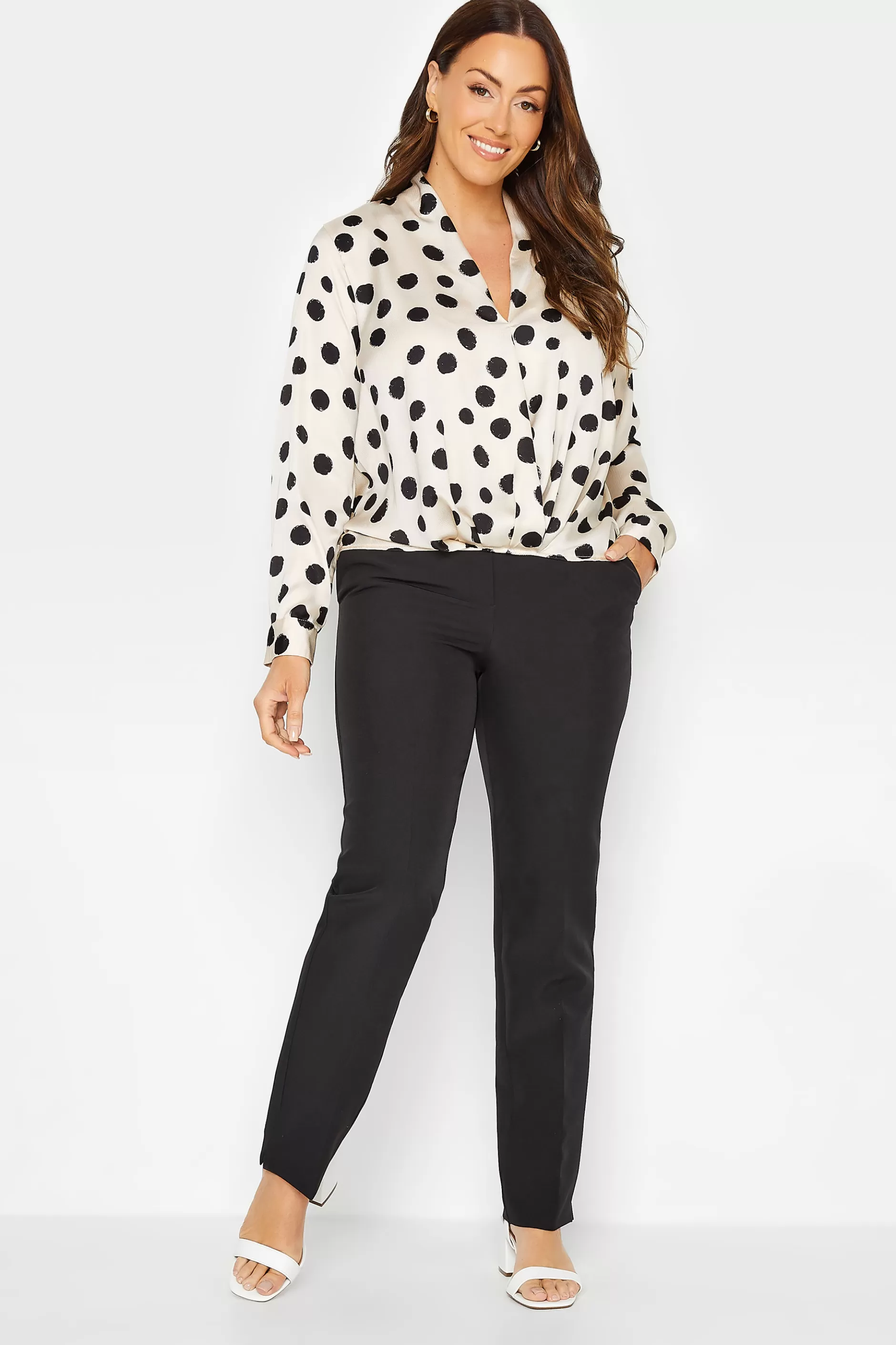 Women M&Co Long Sleeve Tops> Womens Ivory White Polka Dot Print Wrap Front Blouse