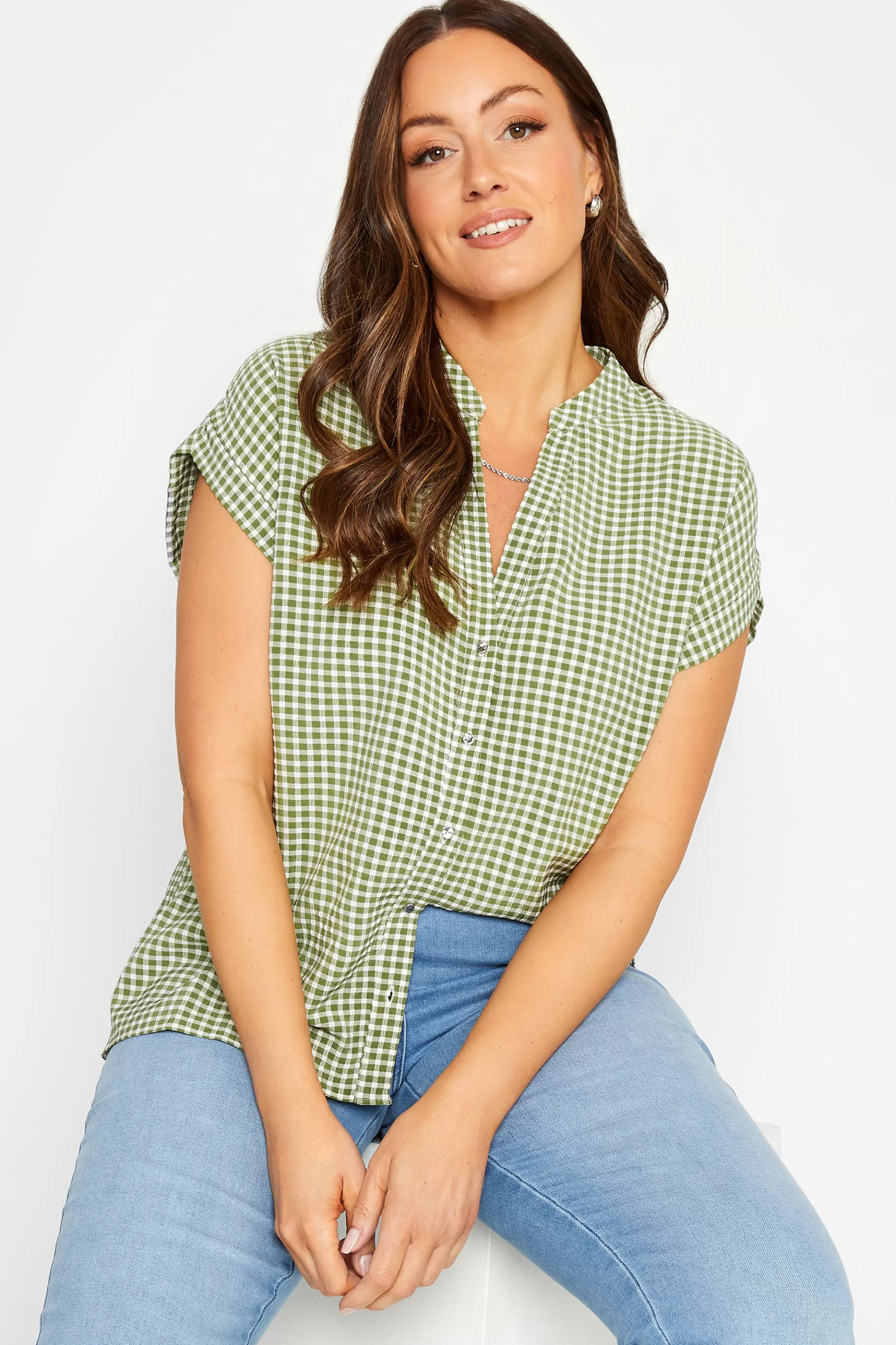 Women M&Co Short Sleeve Tops> Womens Khaki Green Gingham Short Sleeve Shirt