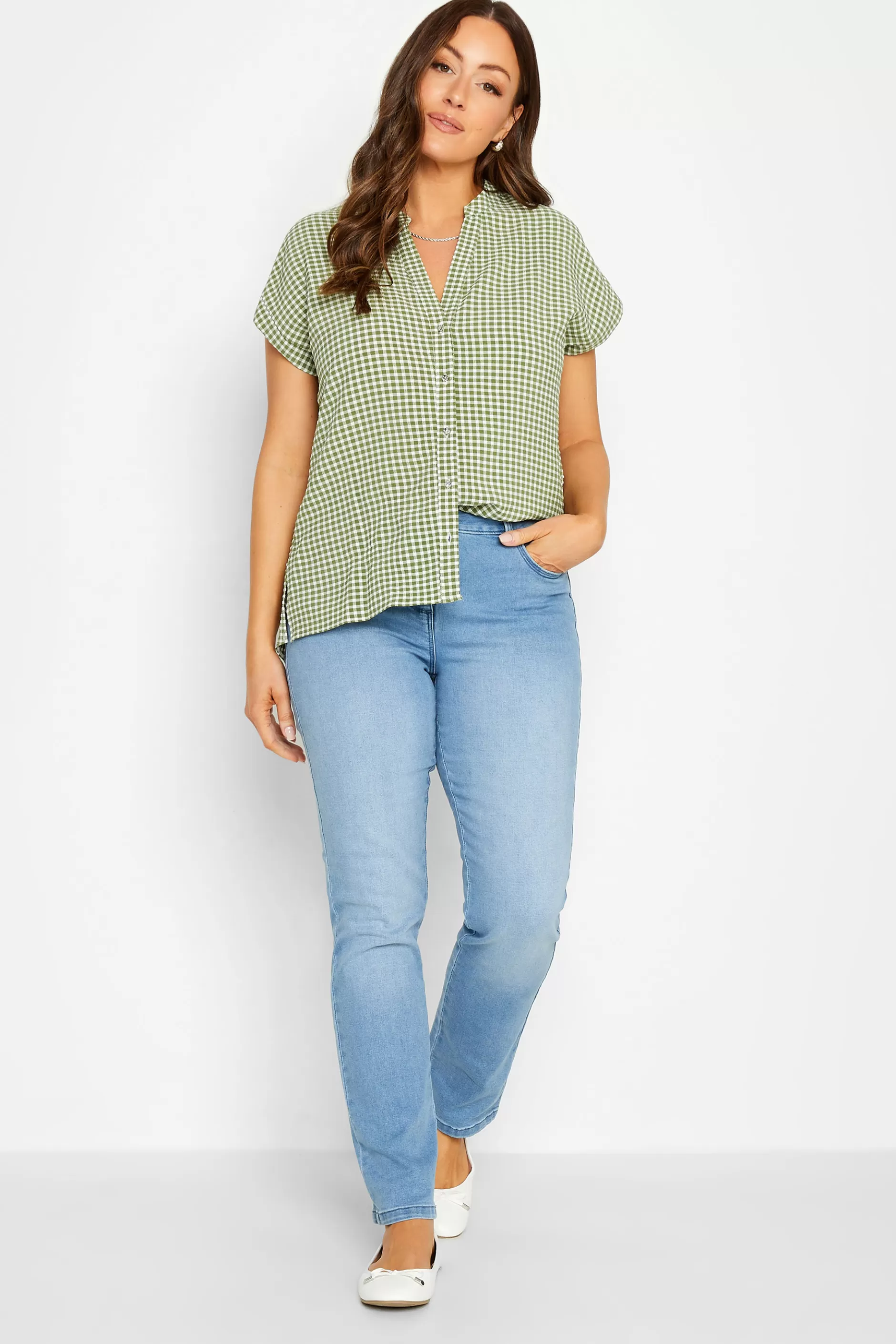 Women M&Co Short Sleeve Tops> Womens Khaki Green Gingham Short Sleeve Shirt