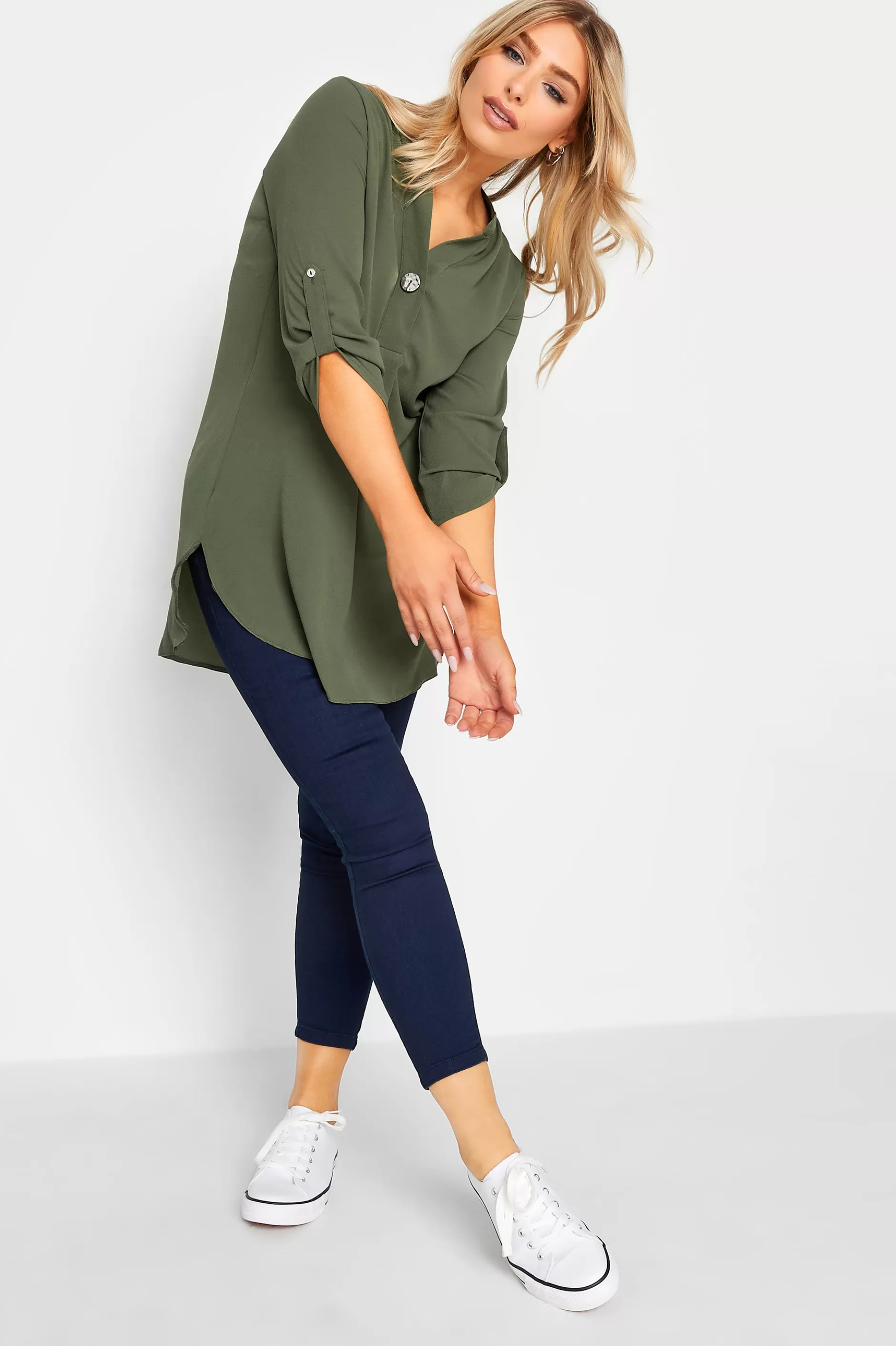 Women M&Co Shirts> Womens Khaki Green Statement Button Tab Sleeve Shirt