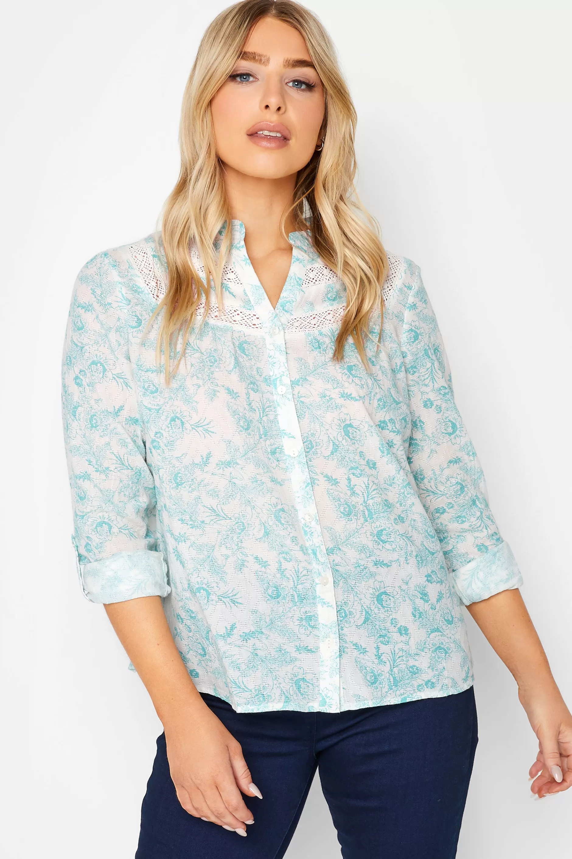 Women M&Co Shirts> Womens Light Blue Floral Lace Detail Shirt