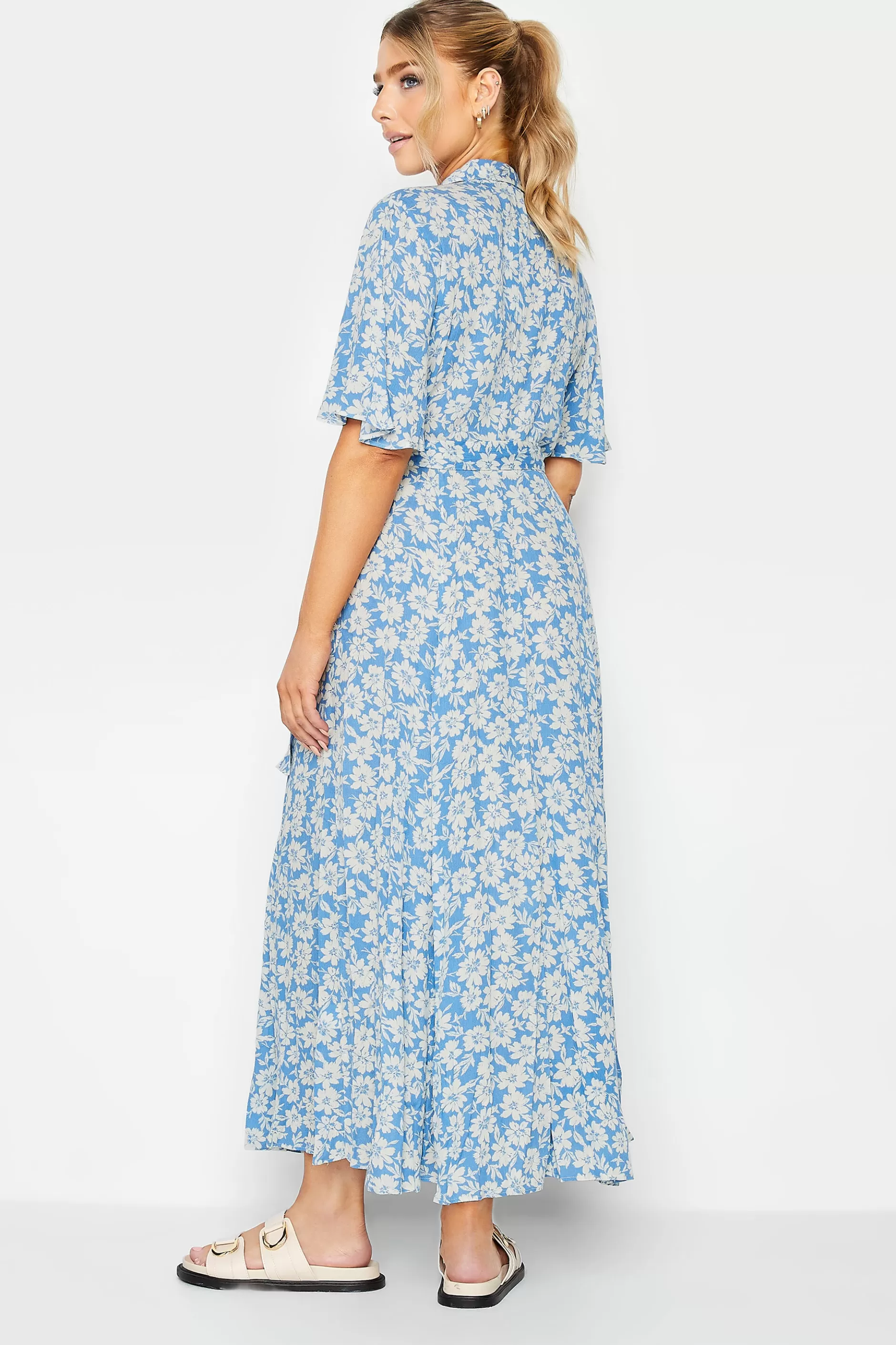 Women M&Co Shirt Dresses> Womens Light Blue Floral Print Maxi Shirt Dress
