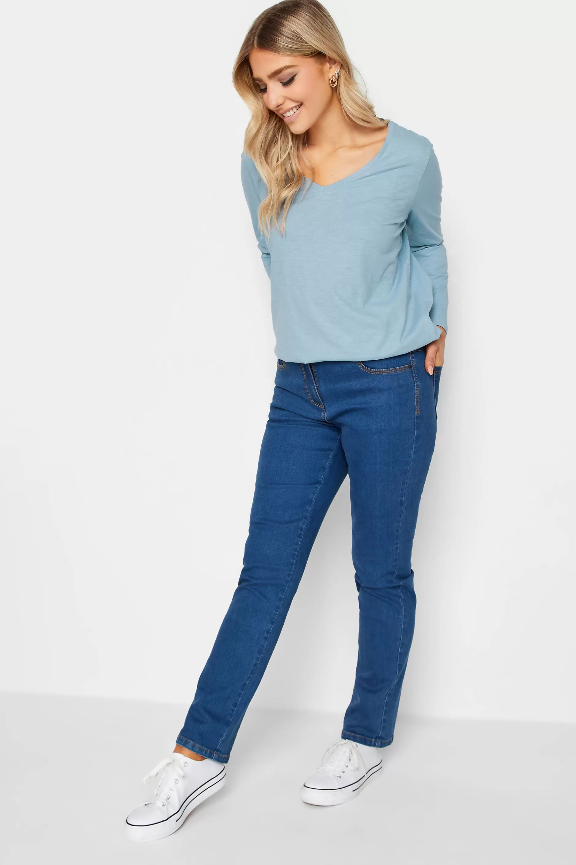 Women M&Co T-Shirts> Womens Light Blue V-Neck Long Sleeve Cotton Blend T-Shirt