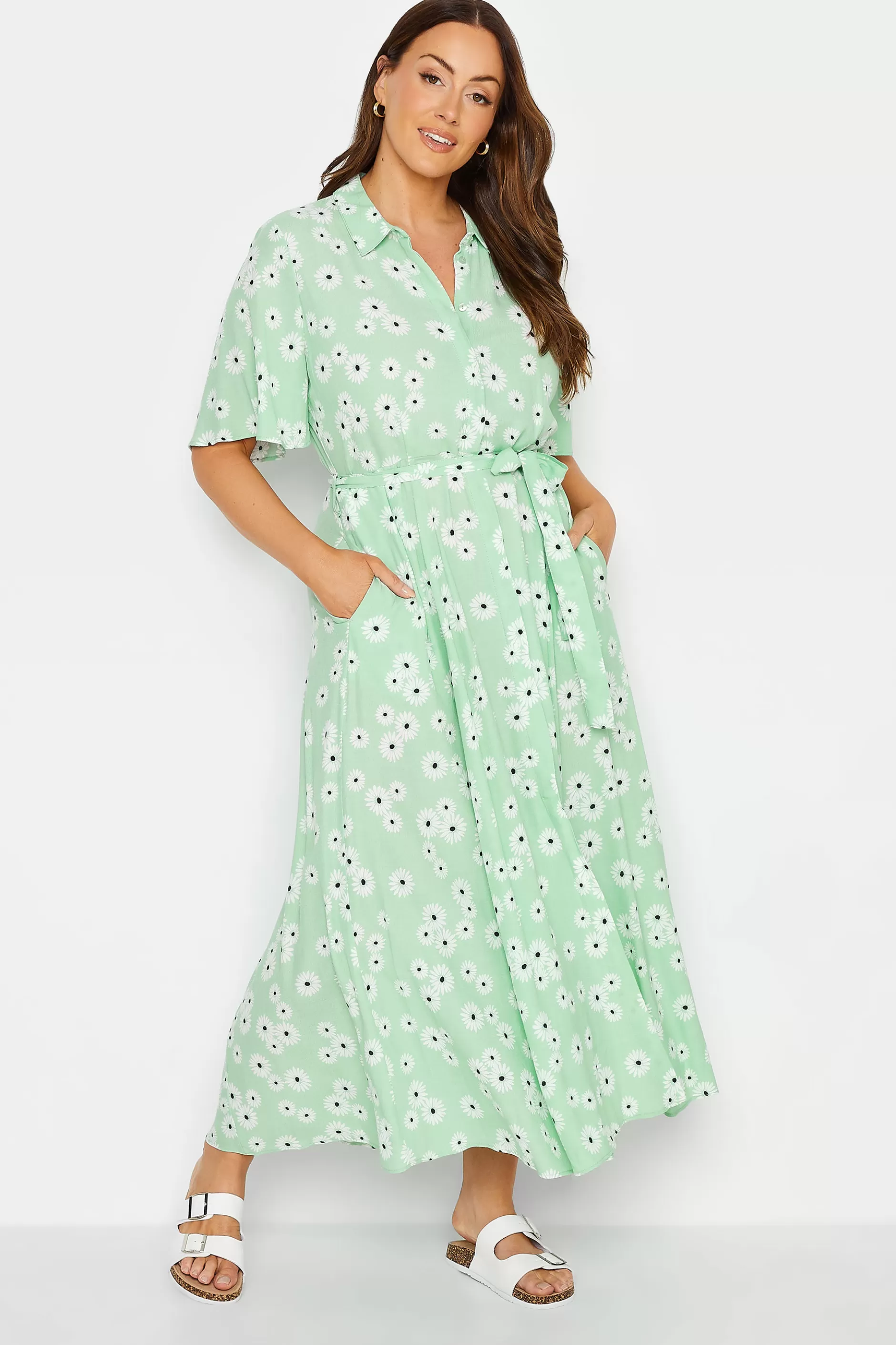 Women M&Co Shirt Dresses> Womens Mint Green Daisy Print Maxi Shirt Dress