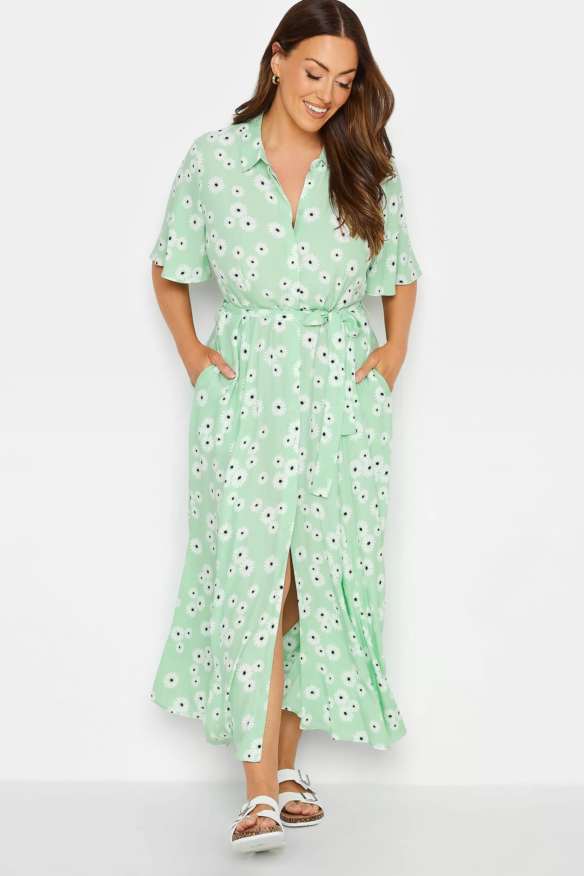 Women M&Co Shirt Dresses> Womens Mint Green Daisy Print Maxi Shirt Dress