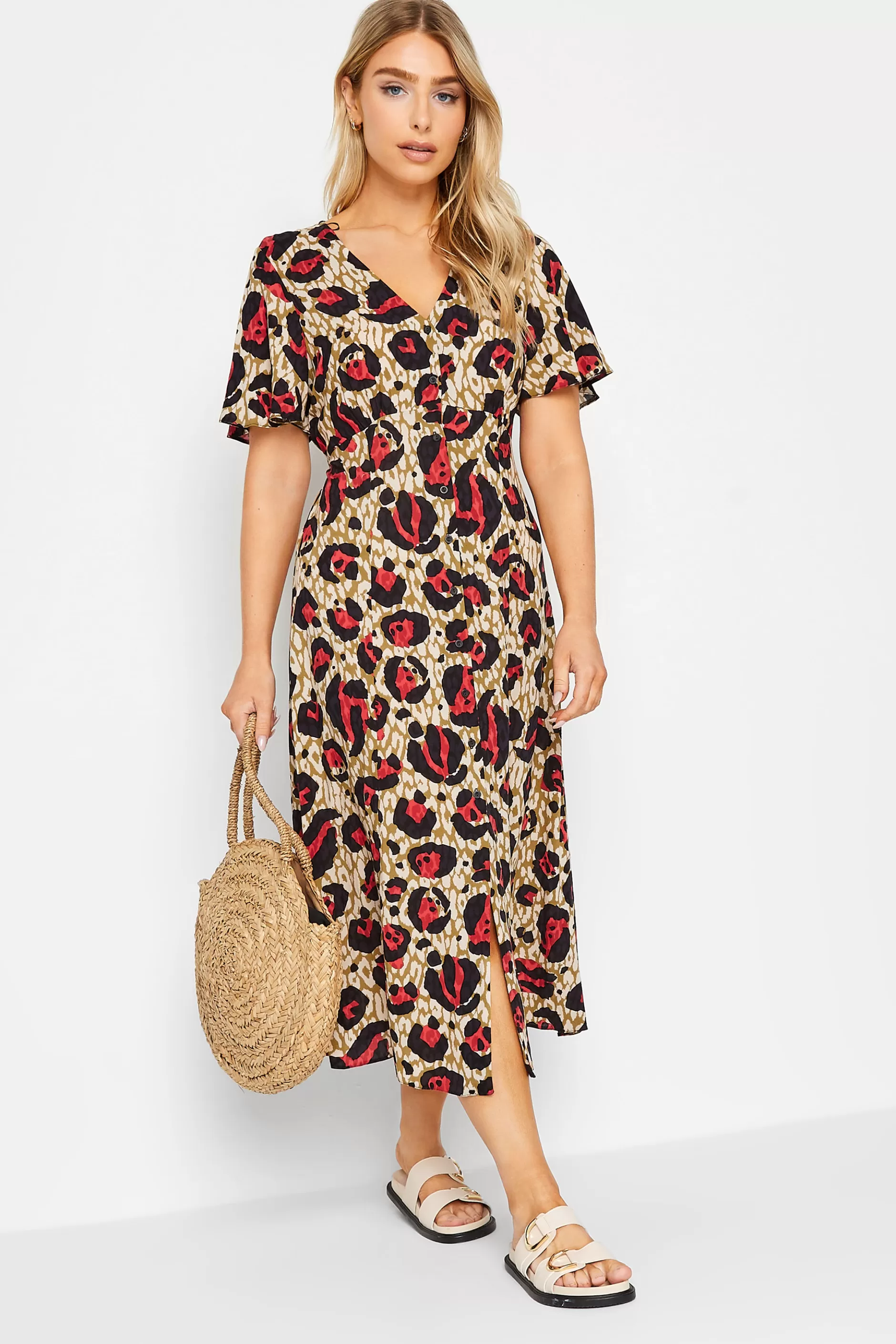 Women M&Co Midi Dresses> Womens Natural Brown & Red Animal Print Midi Button Through Tea Dress