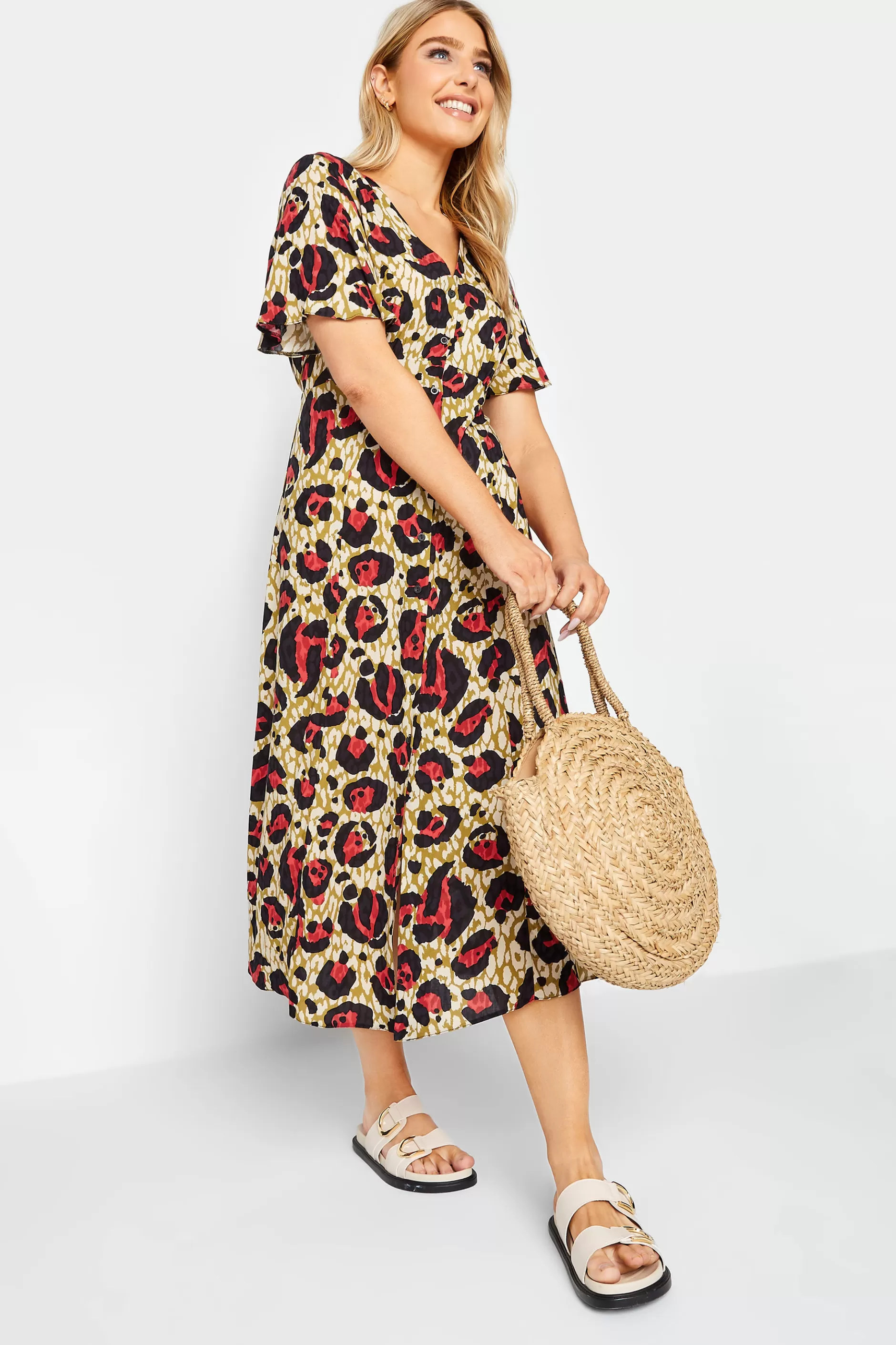 Women M&Co Midi Dresses> Womens Natural Brown & Red Animal Print Midi Button Through Tea Dress