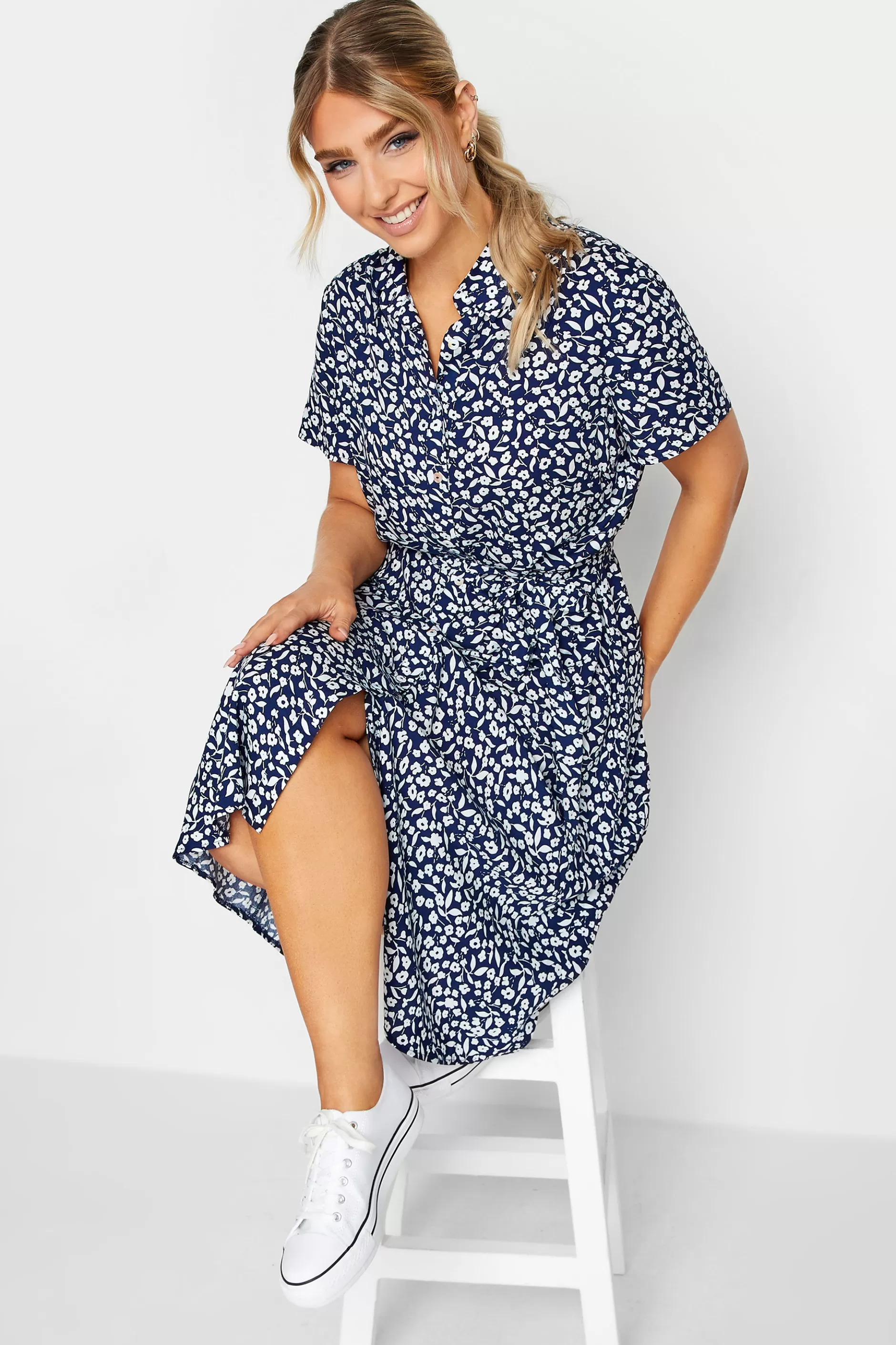 Women M&Co Shirt Dresses> Womens Navy Blue Ditsy Print Button Through Midi Dress