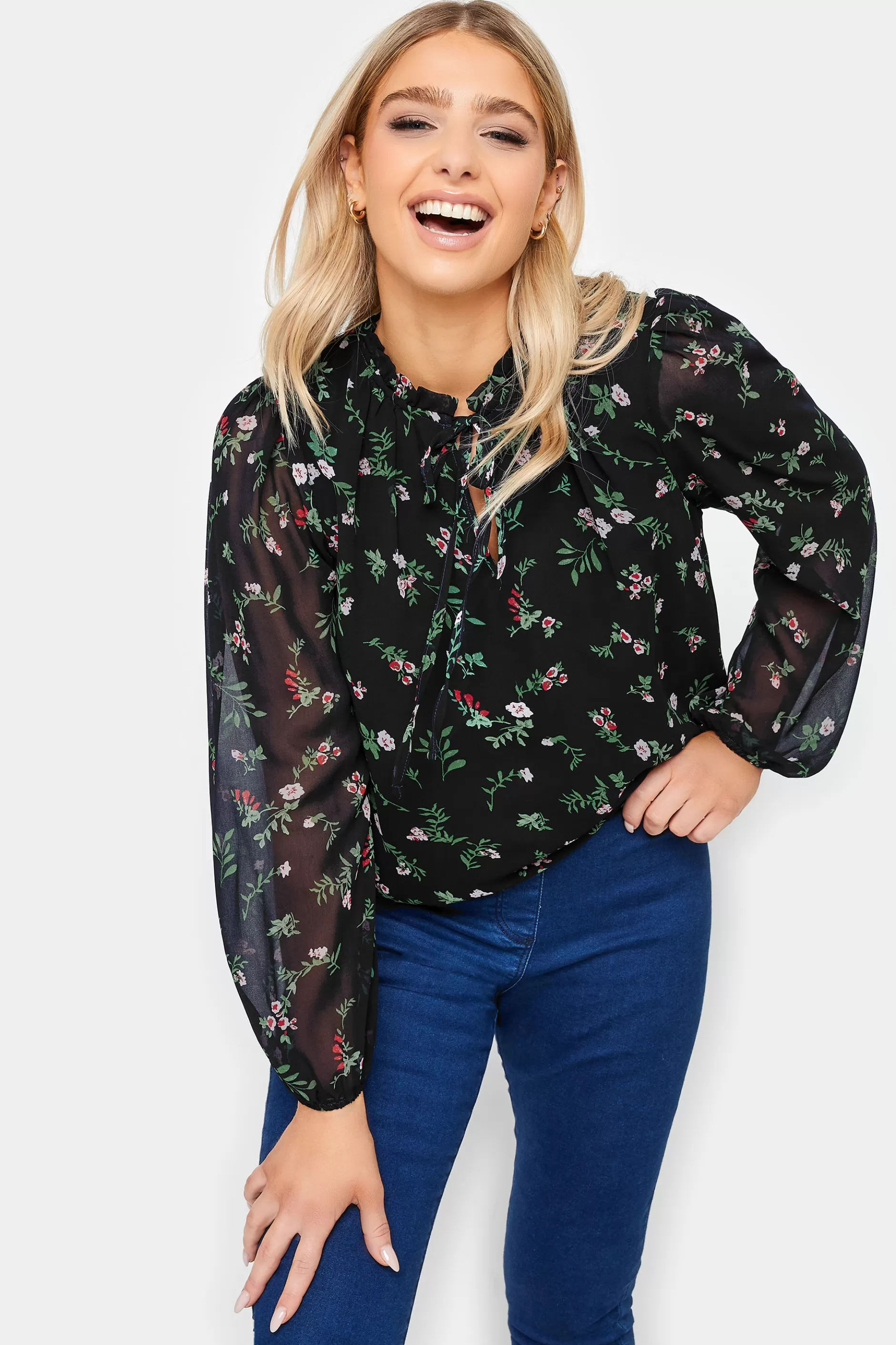 Women M&Co Long Sleeve Tops> Womens Navy Blue Floral Print Tie Neck Blouse