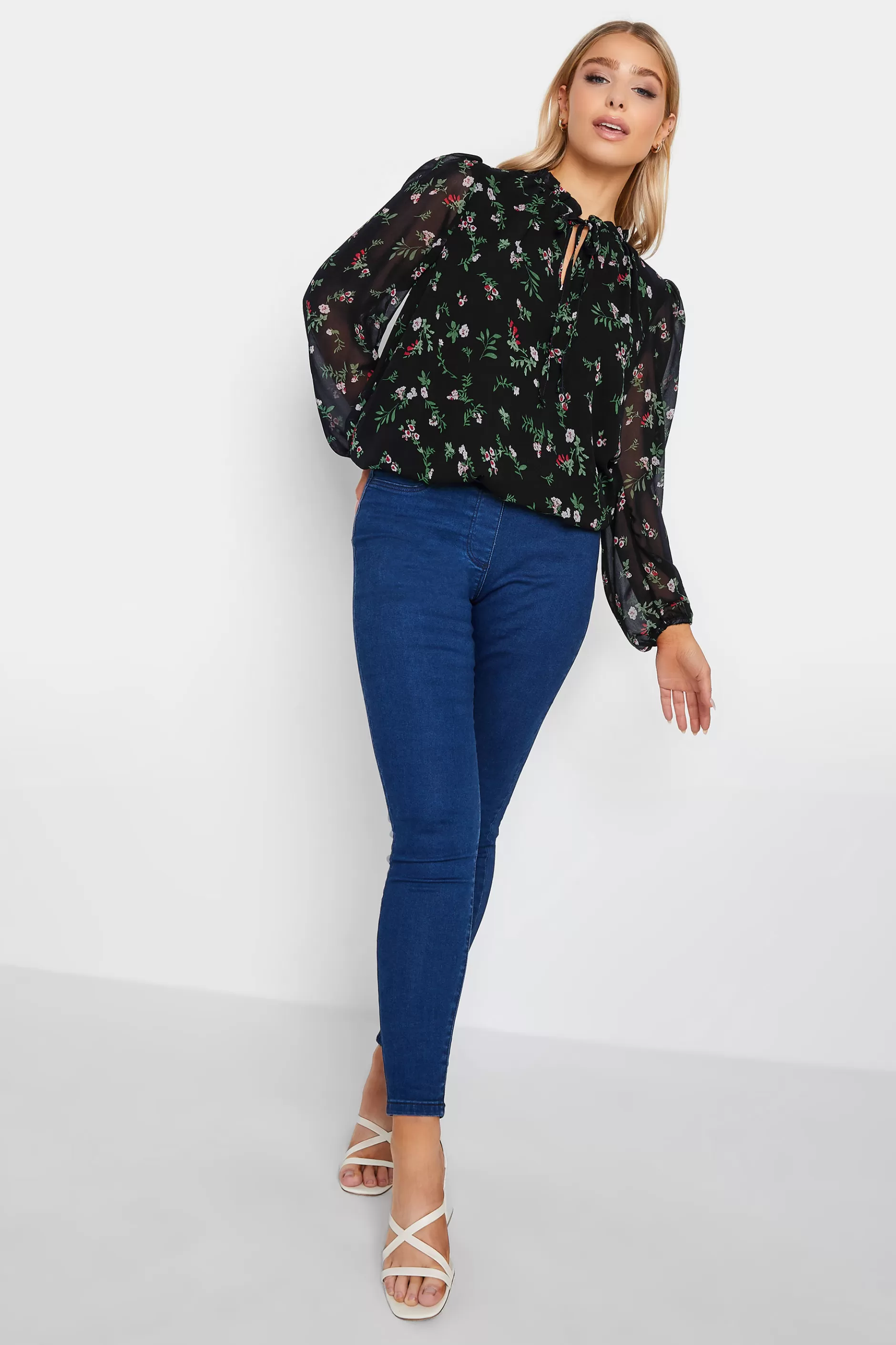 Women M&Co Long Sleeve Tops> Womens Navy Blue Floral Print Tie Neck Blouse