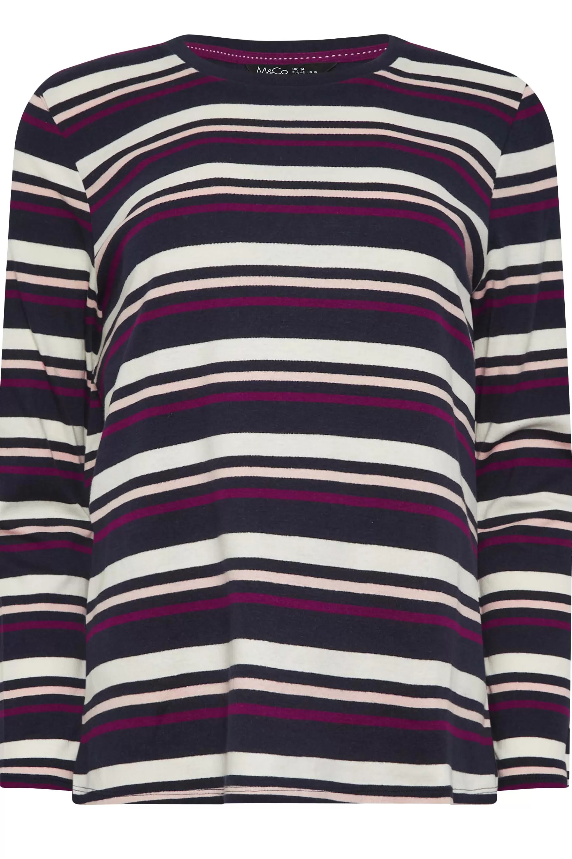 Women M&Co T-Shirts> Womens Navy Blue Stripe Long Sleeve Cotton T-Shirt
