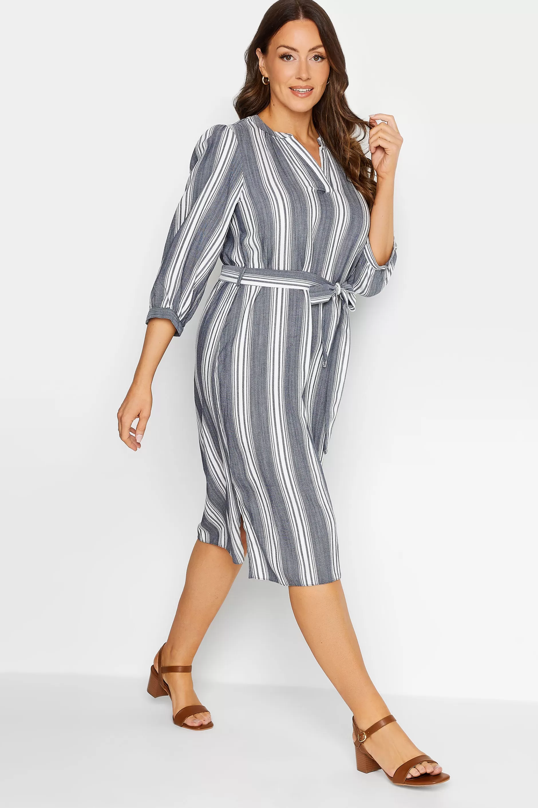 Women M&Co Shirt Dresses> Womens Navy Blue Stripe Print Tie Waist Tunic Dress