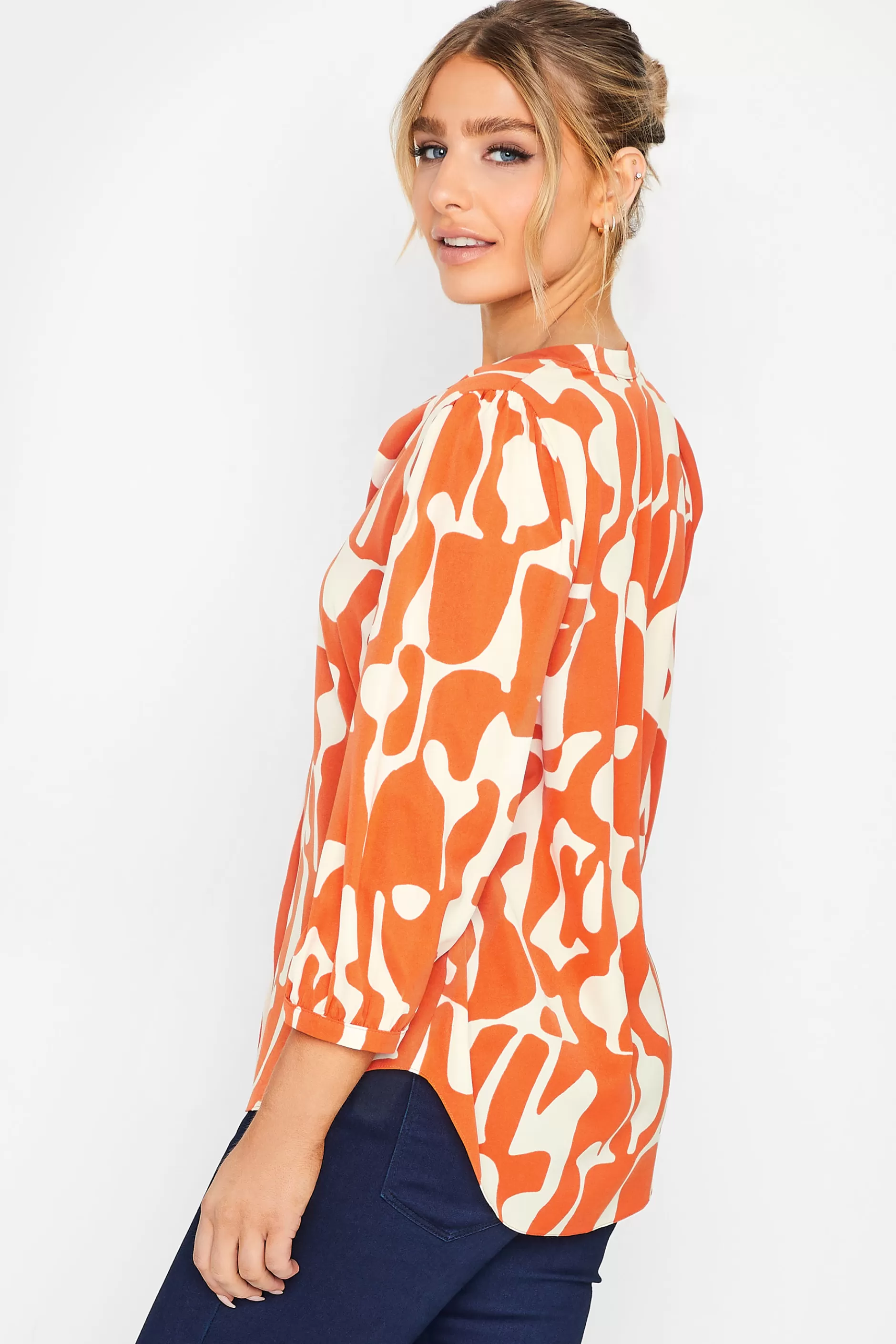 Women M&Co Blouses> Womens Orange Abstract Print 3/4 Sleeve Blouse
