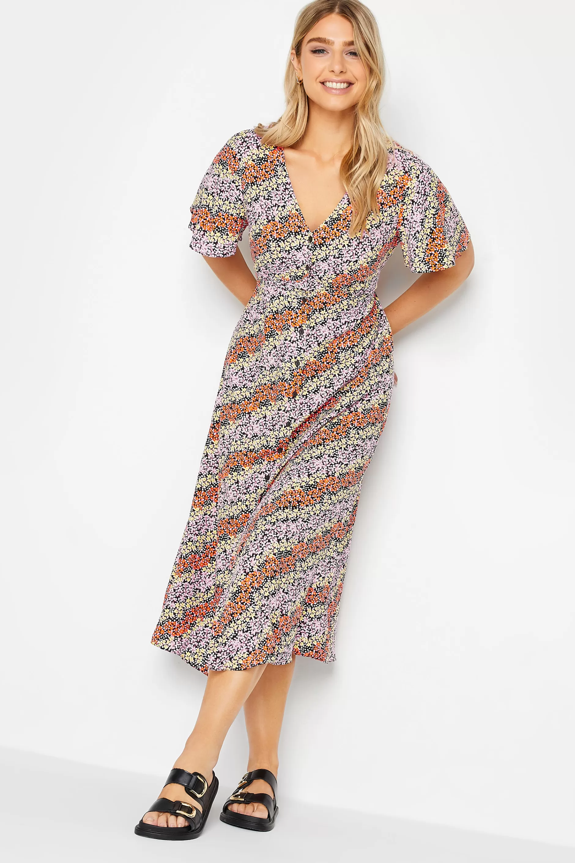 Women M&Co Midi Dresses> Womens Orange Ditsy Floral Print Midi Button Through Tea Dress