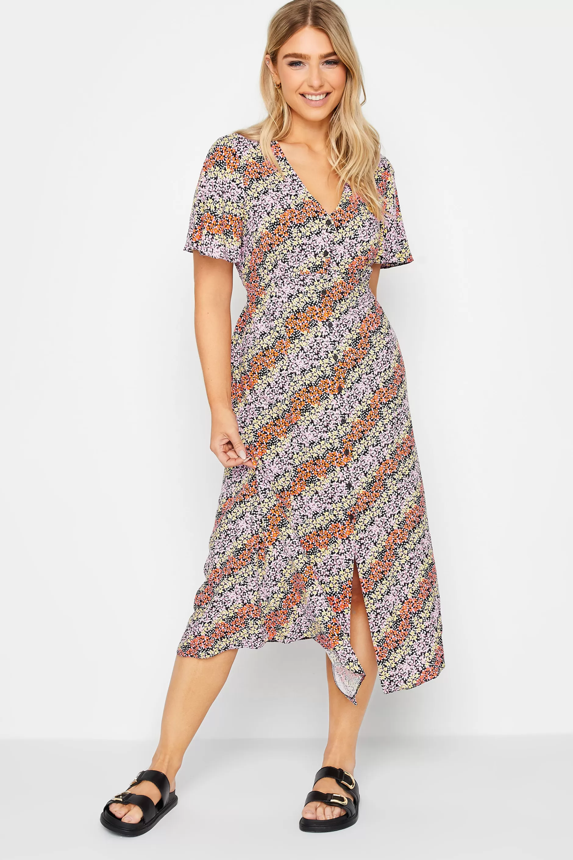 Women M&Co Midi Dresses> Womens Orange Ditsy Floral Print Midi Button Through Tea Dress